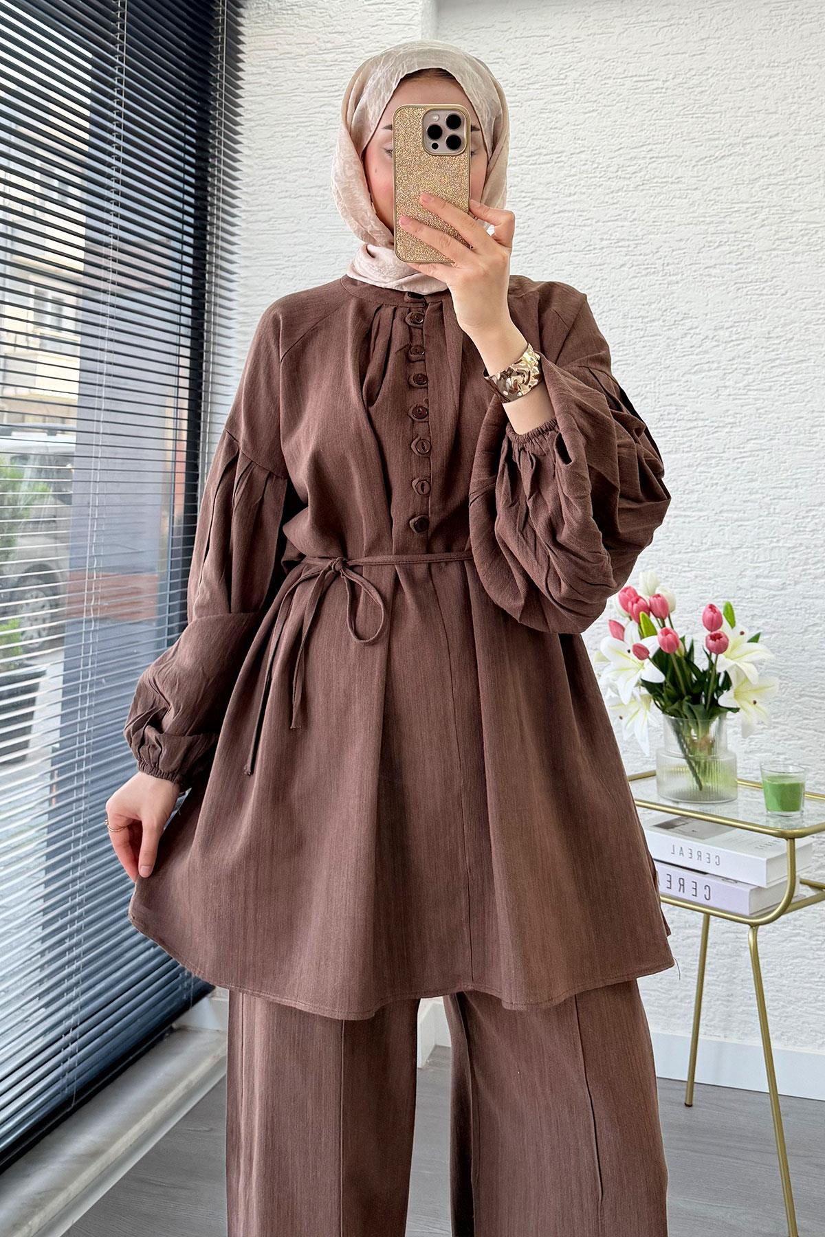 Oversize Birit Düğmeli Keten Pantolon Takım - Kahverengi