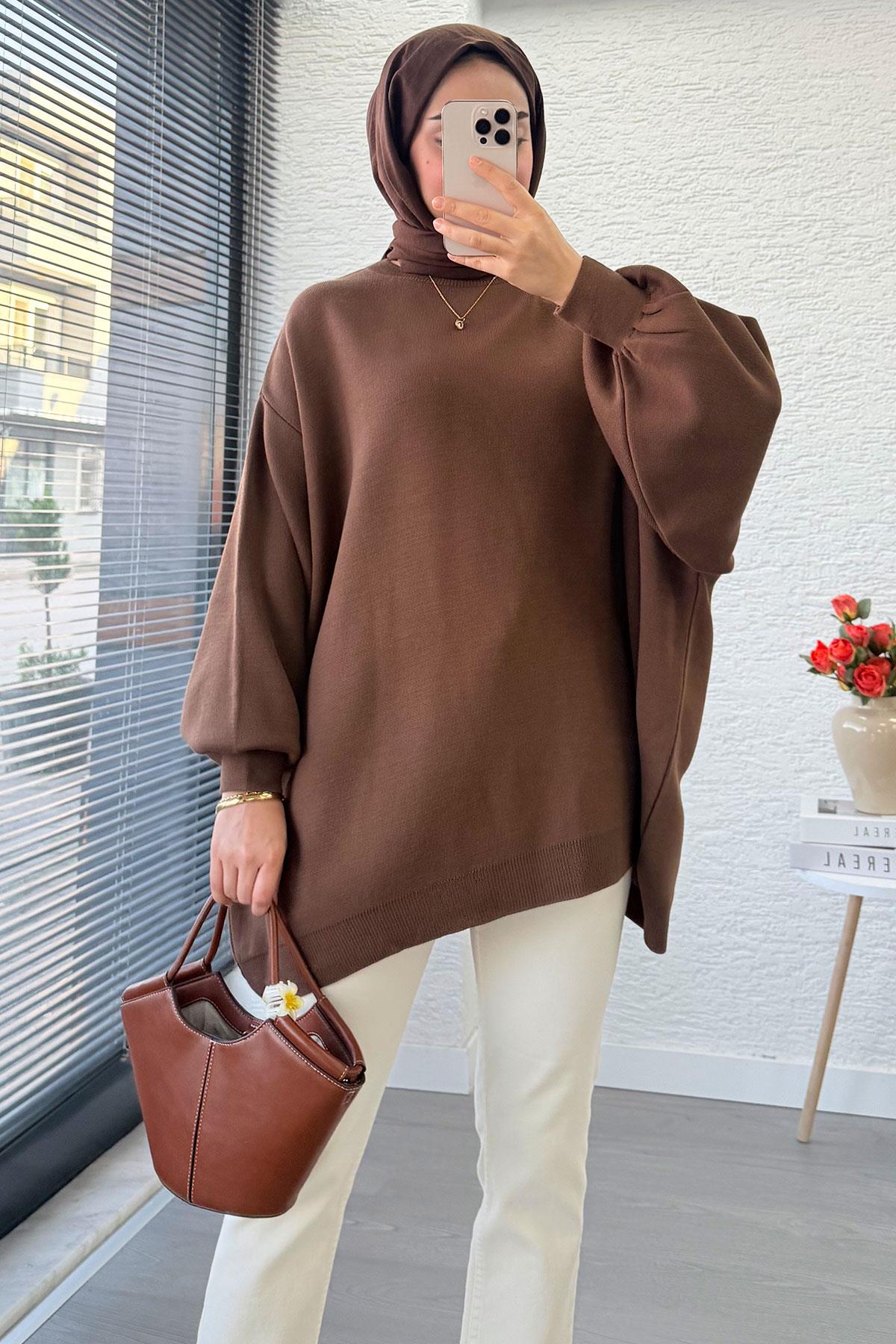 Oversize Kadın Triko Kazak – Kahverengi