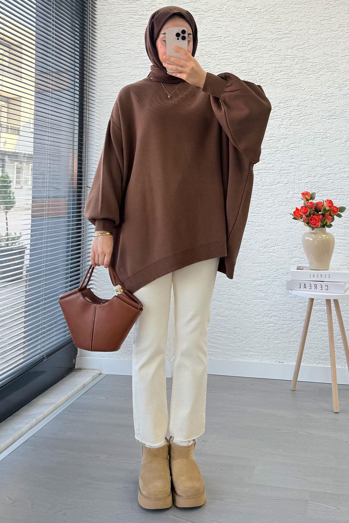 Oversize Kadın Triko Kazak – Kahverengi