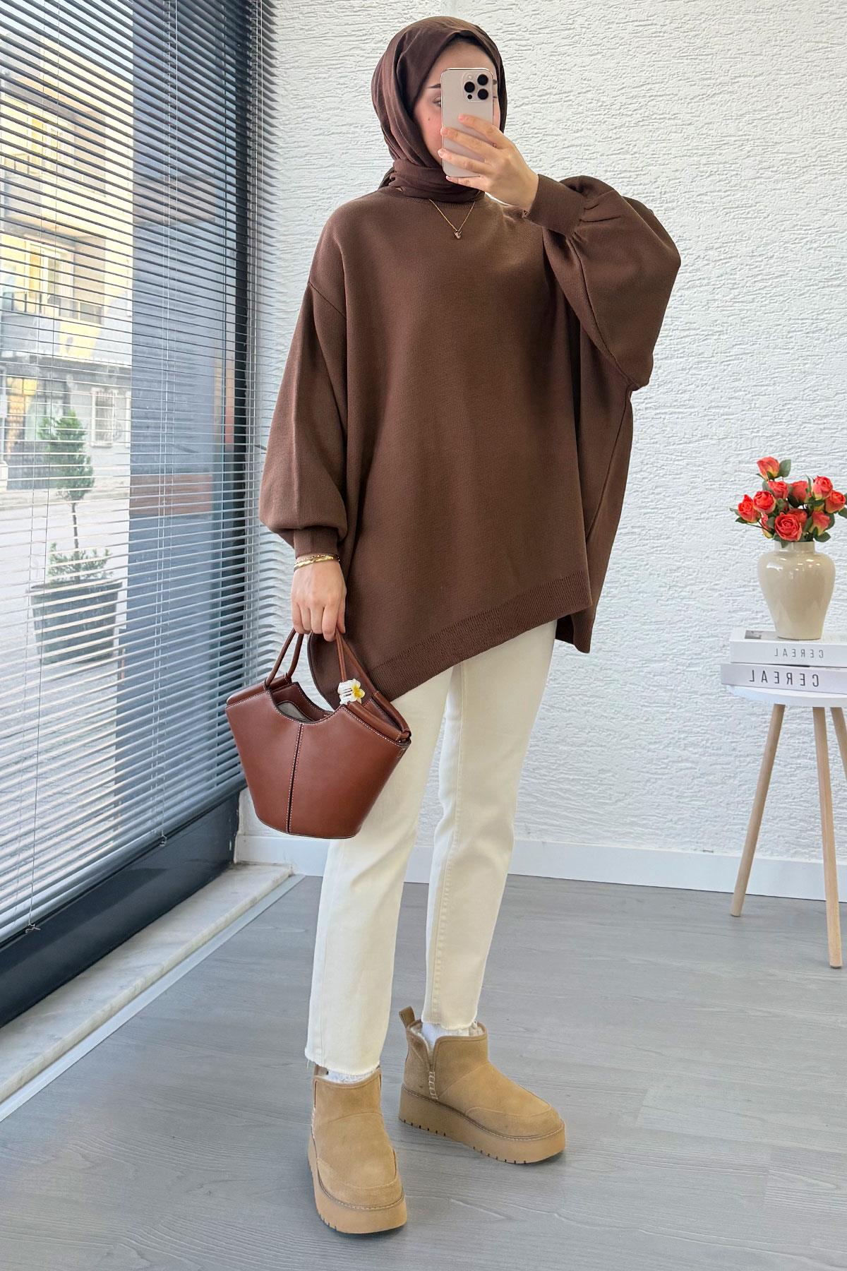 Oversize Kadın Triko Kazak – Kahverengi