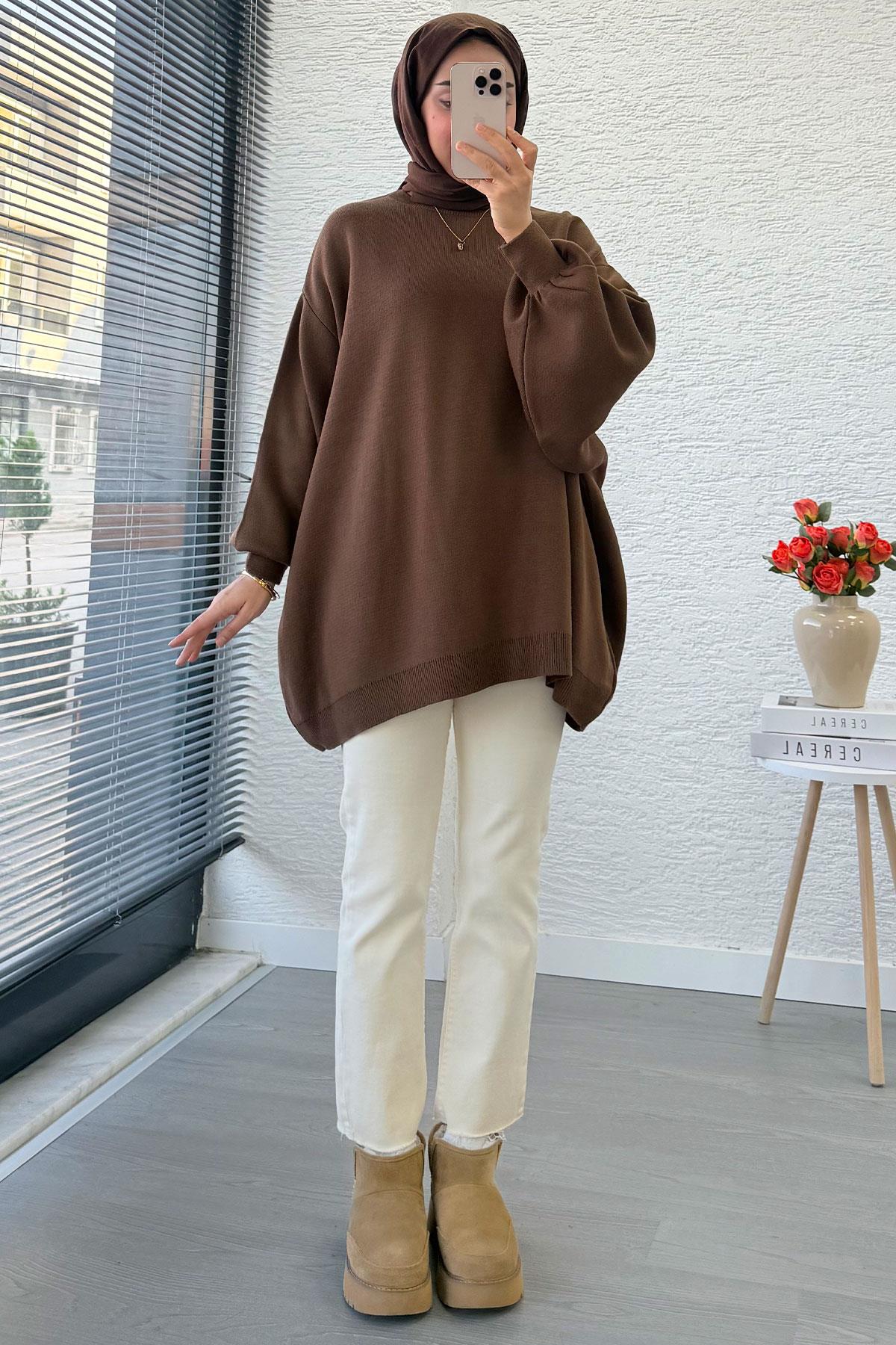 Oversize Kadın Triko Kazak – Kahverengi