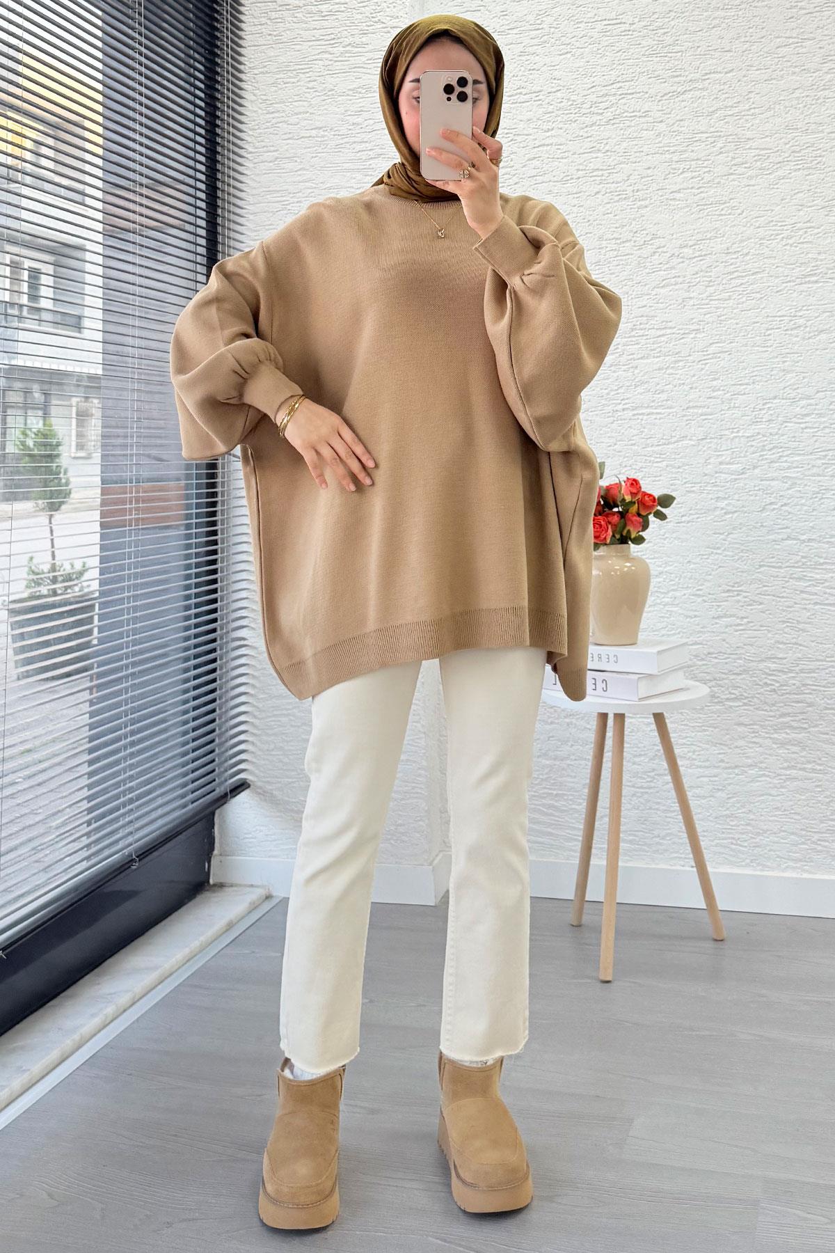 Oversize Kadın Triko Kazak – Sütlü Kahve