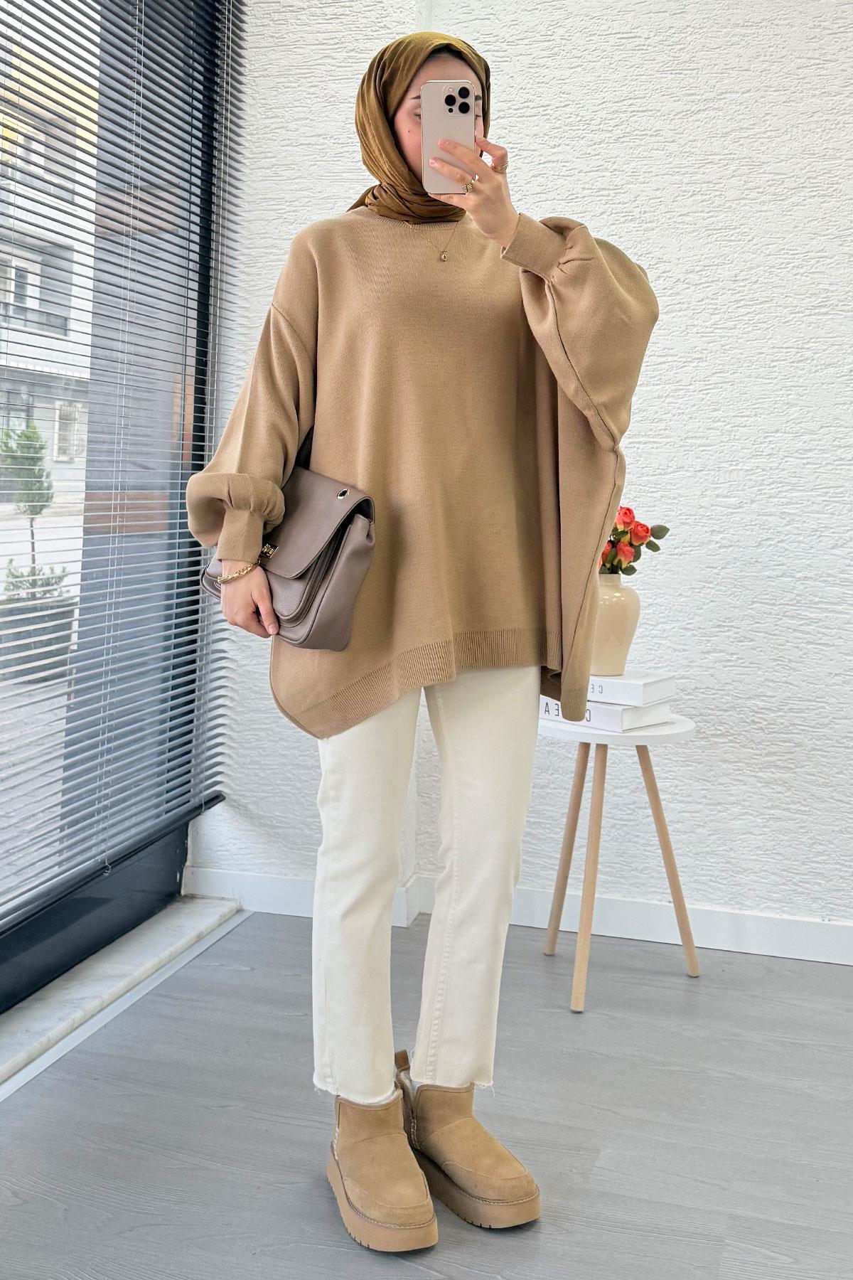 Oversize Kadın Triko Kazak – Sütlü Kahve
