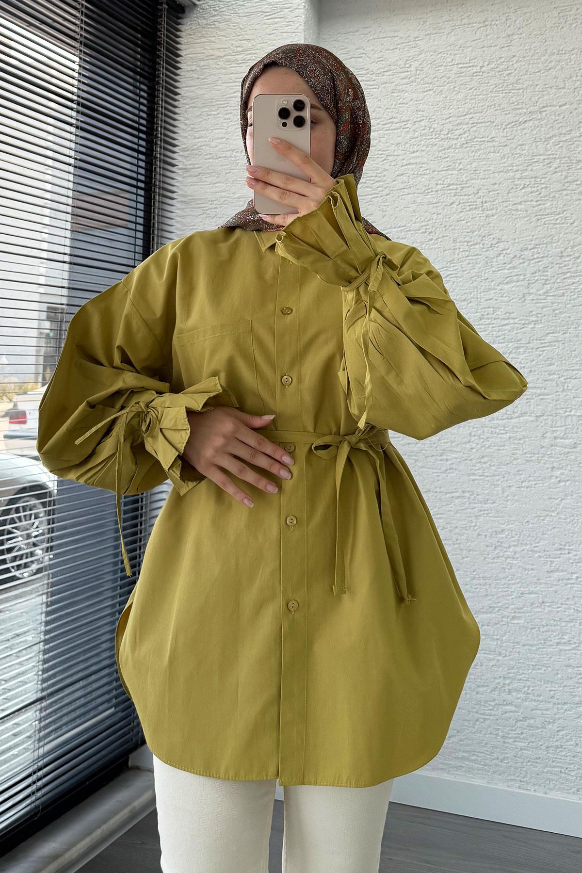 Oversize Kesim Bilek Detaylı Poplin Tunik - Yağ Yeşili