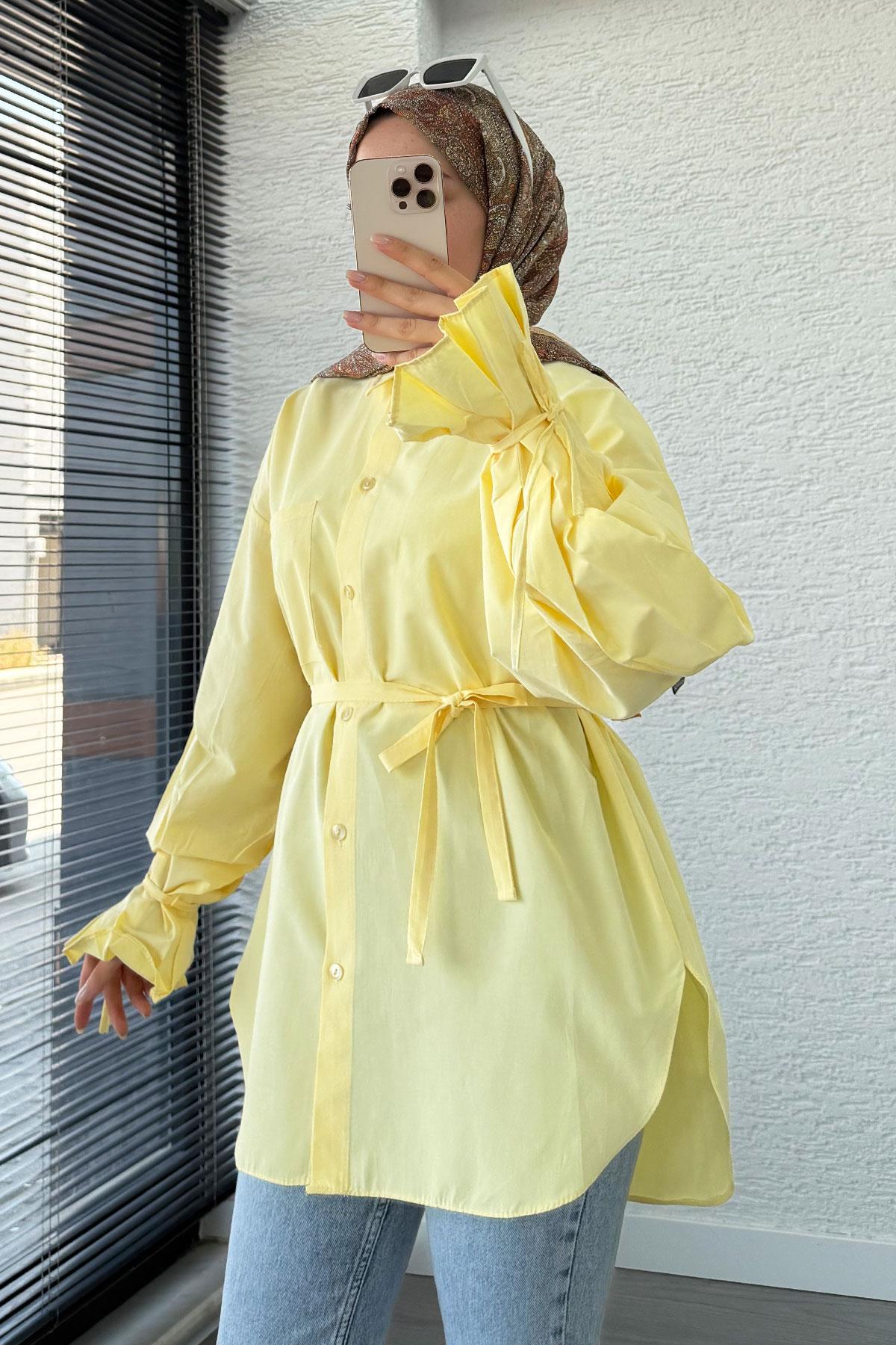 Oversize Kesim Bilek Detaylı Poplin Tunik - Sarı