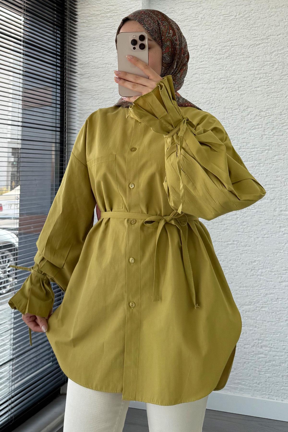 Oversize Kesim Bilek Detaylı Poplin Tunik - Yağ Yeşili