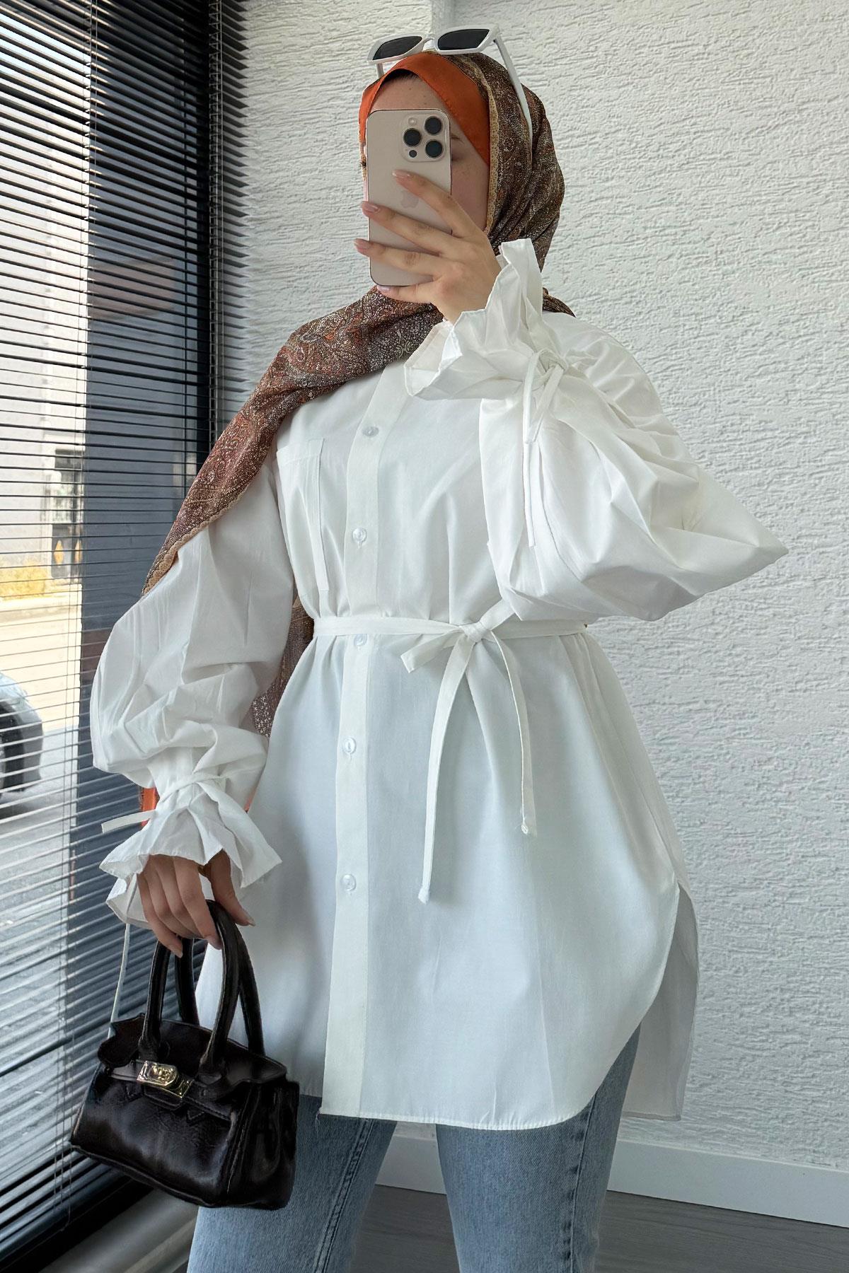 Oversize Kesim Bilek Detaylı Poplin Tunik - Yağ Yeşili