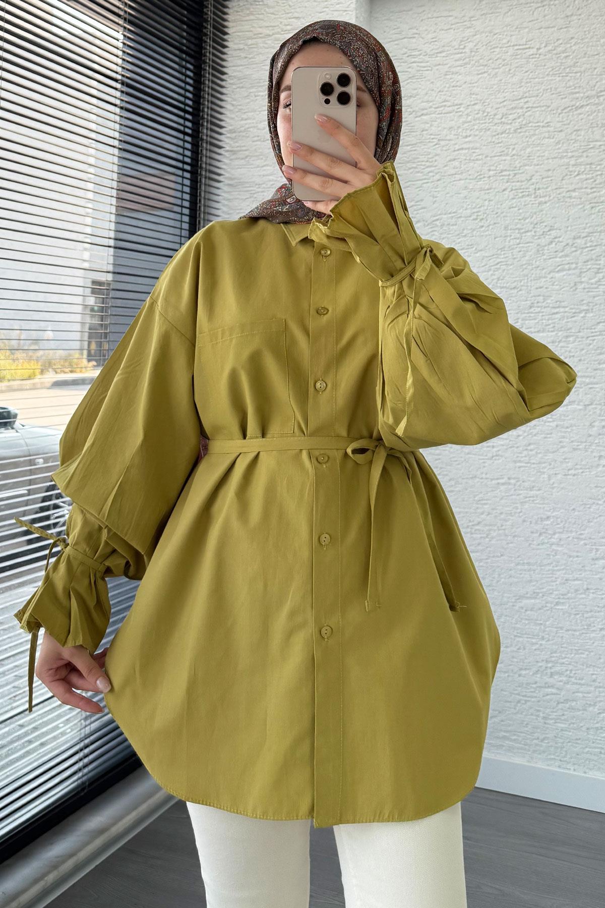 Oversize Kesim Bilek Detaylı Poplin Tunik - Yağ Yeşili