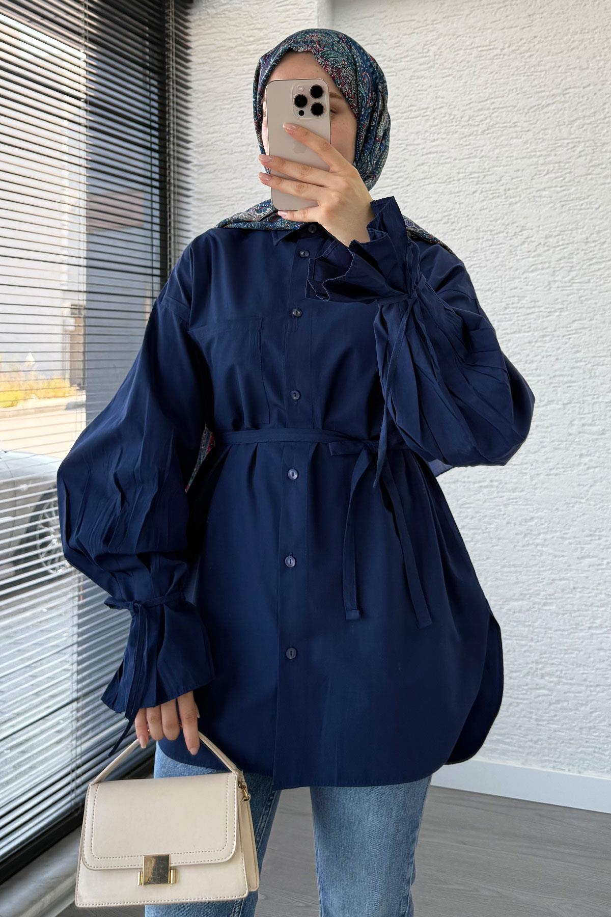 Oversize Kesim Bilek Detaylı Poplin Tunik - Lacivert