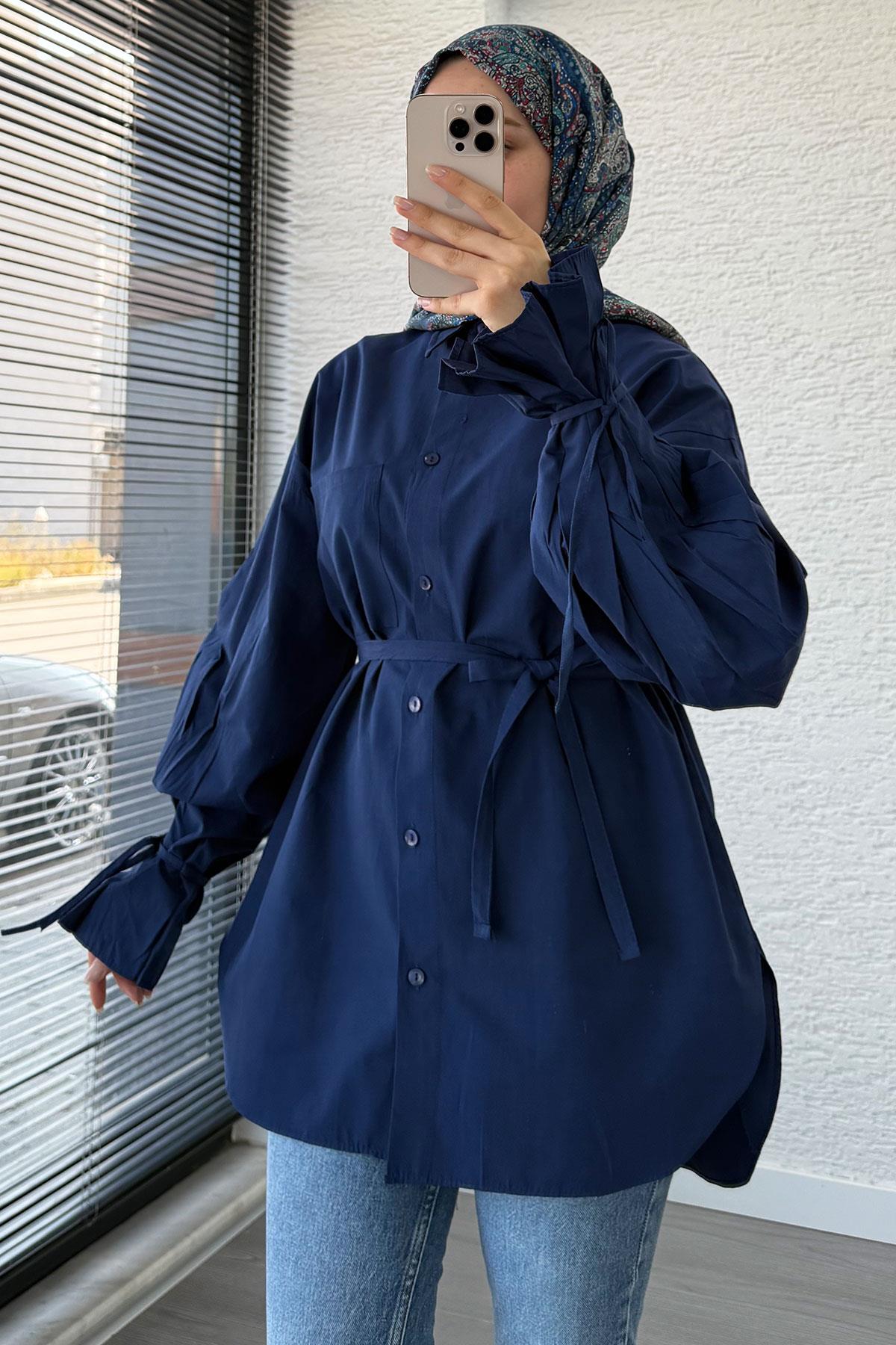 Oversize Kesim Bilek Detaylı Poplin Tunik - Lacivert