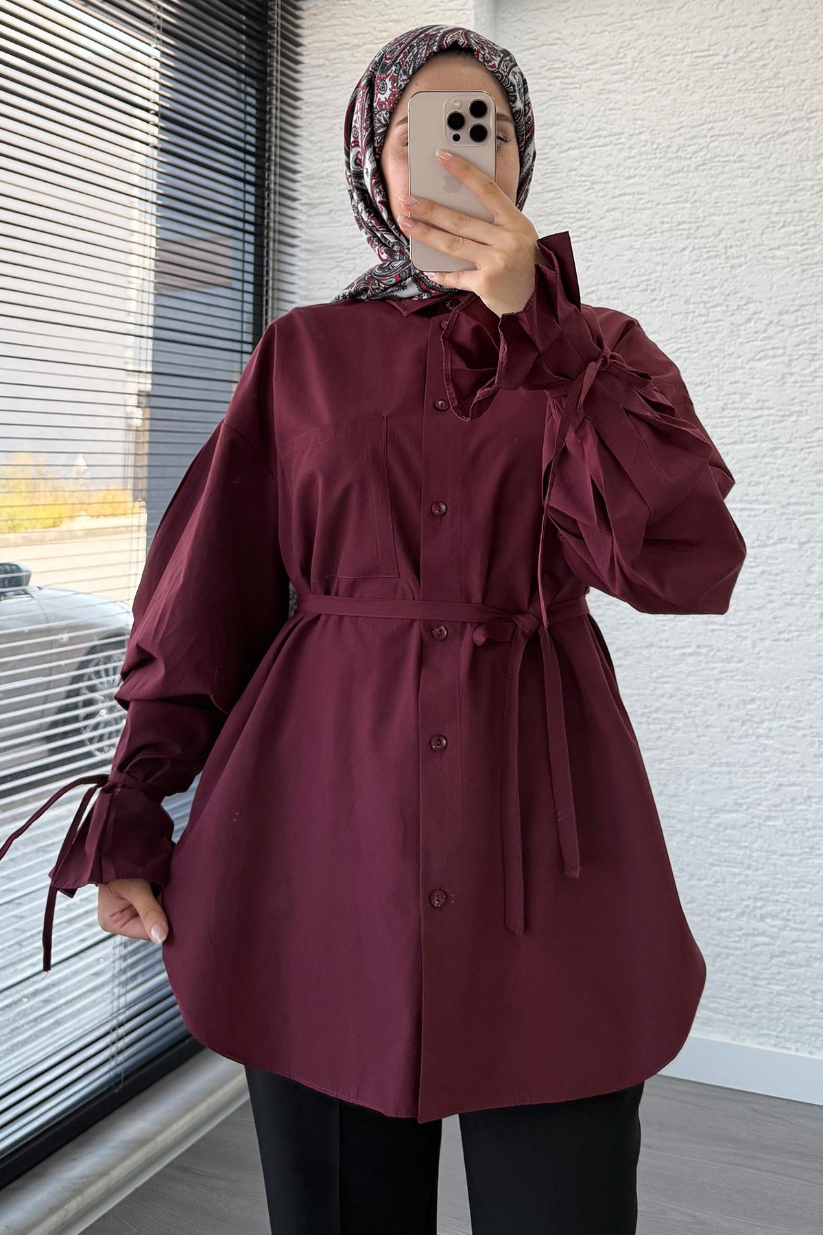 Oversize Kesim Bilek Detaylı Poplin Tunik - Bordo