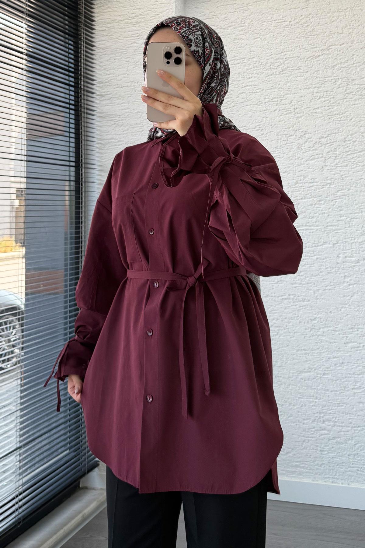 Oversize Kesim Bilek Detaylı Poplin Tunik - Bordo