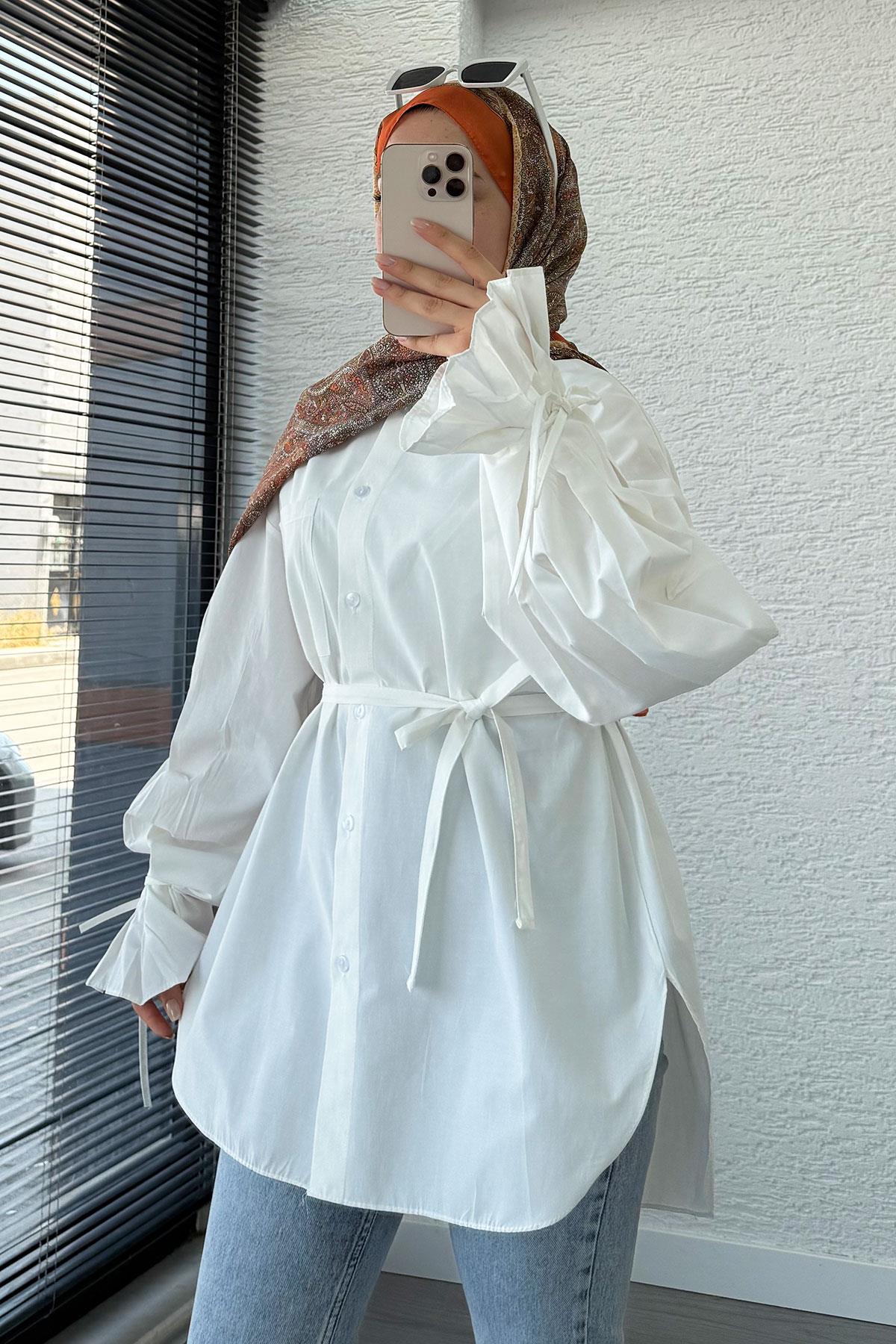 Oversize Kesim Bilek Detaylı Poplin Tunik - Yağ Yeşili