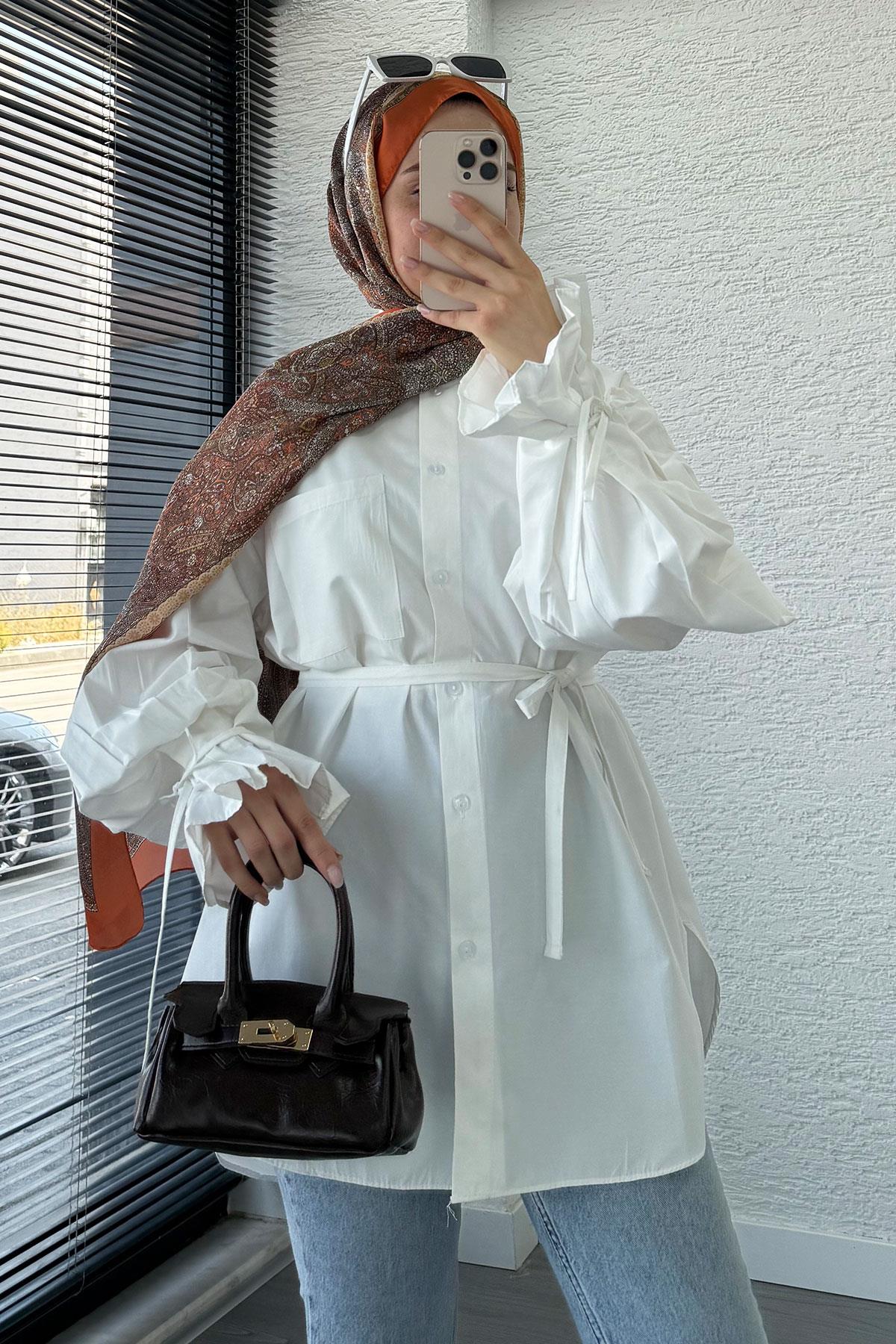 Oversize Kesim Bilek Detaylı Poplin Tunik - Yağ Yeşili