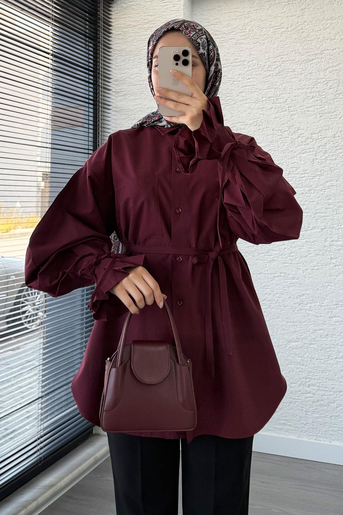 Oversize Kesim Bilek Detaylı Poplin Tunik - Bordo