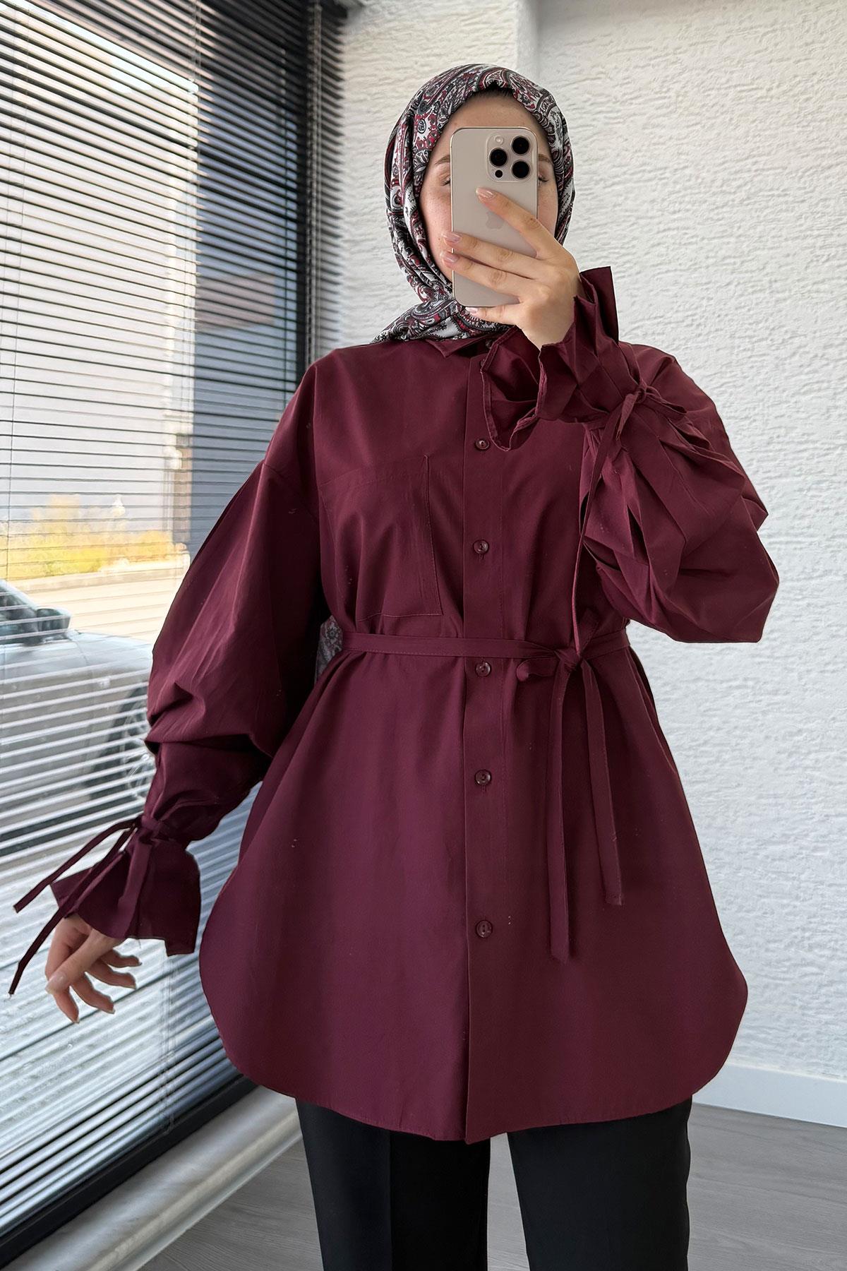 Oversize Kesim Bilek Detaylı Poplin Tunik - Bordo