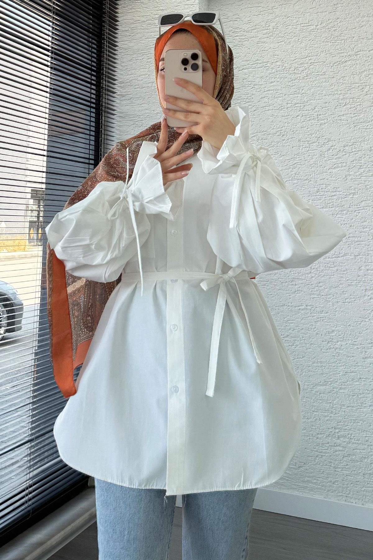 Oversize Kesim Bilek Detaylı Poplin Tunik - Yağ Yeşili