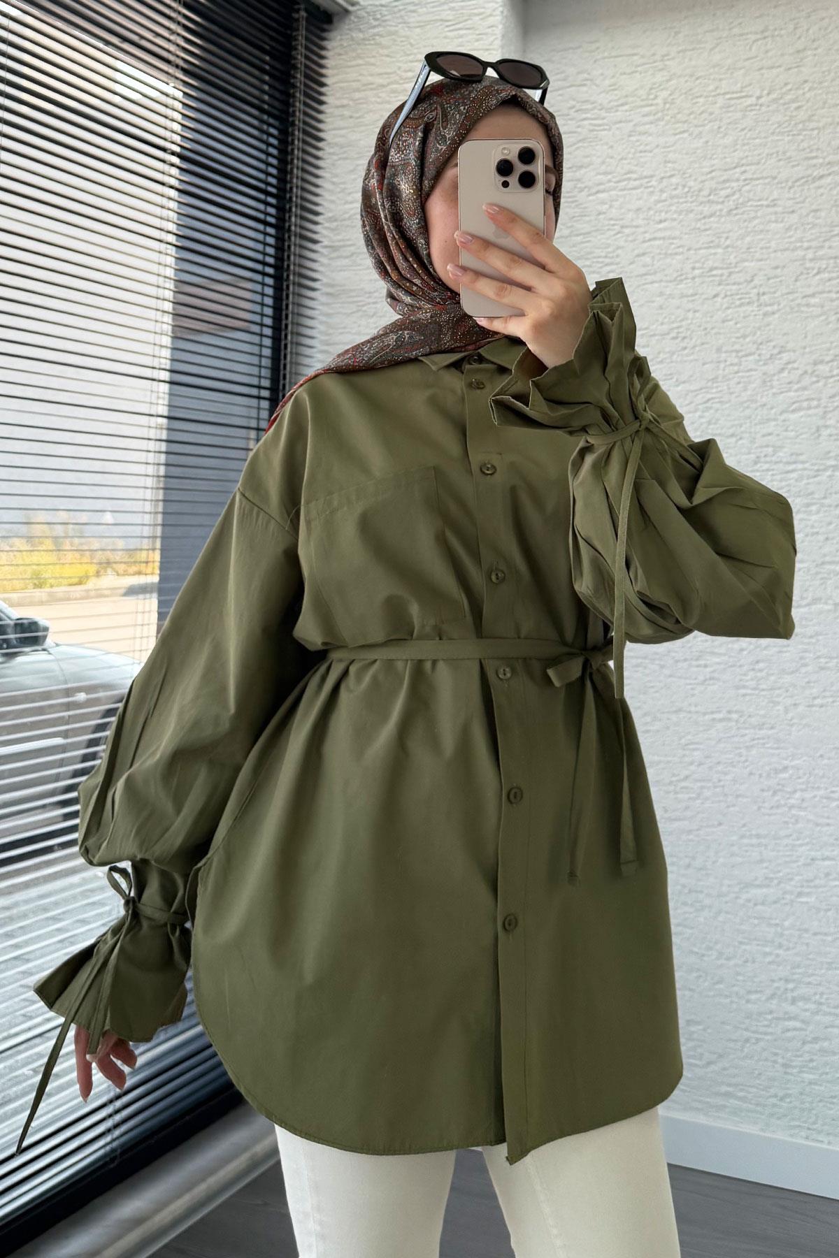 Oversize Kesim Bilek Detaylı Poplin Tunik - Haki