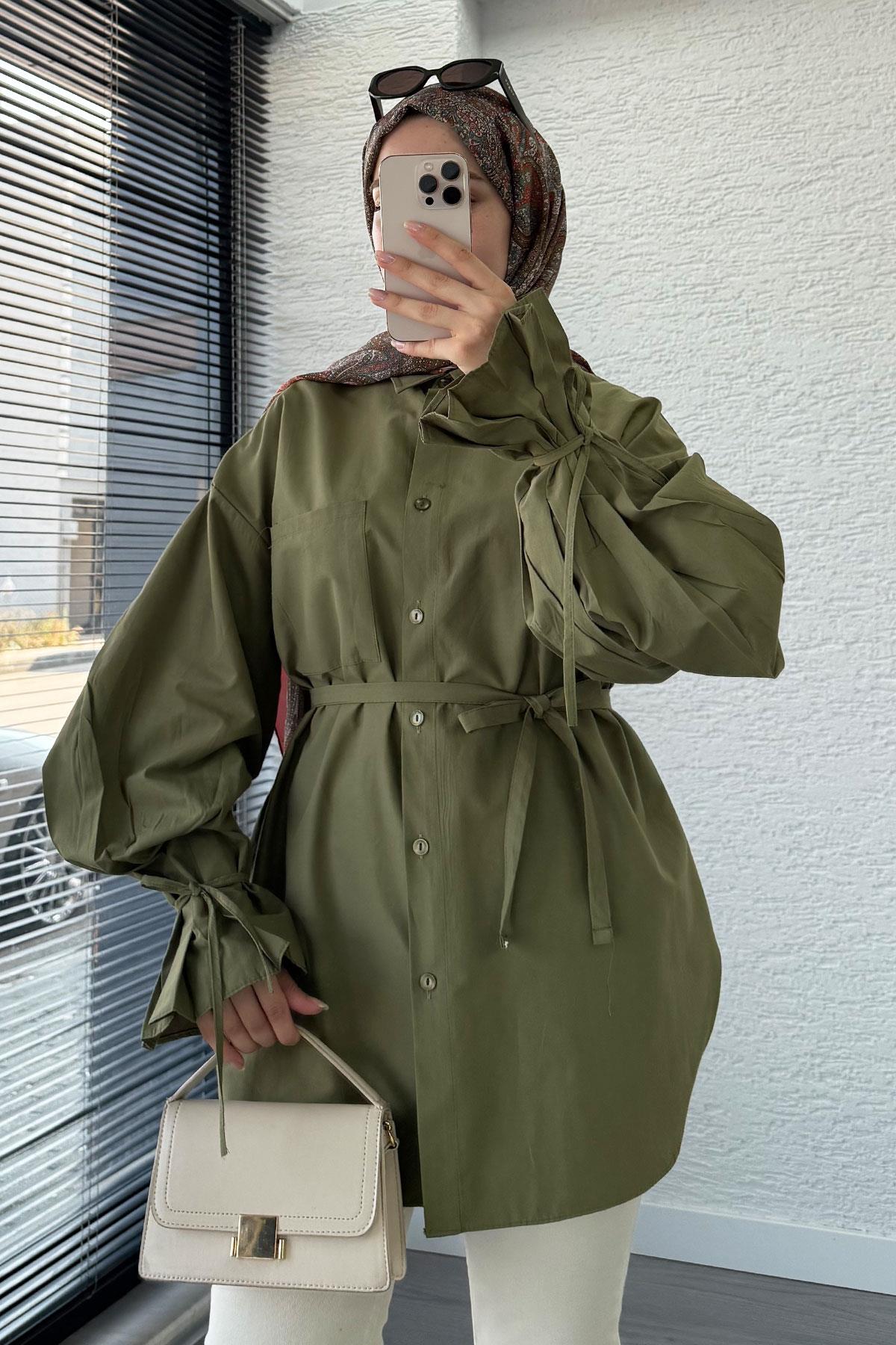 Oversize Kesim Bilek Detaylı Poplin Tunik - Haki