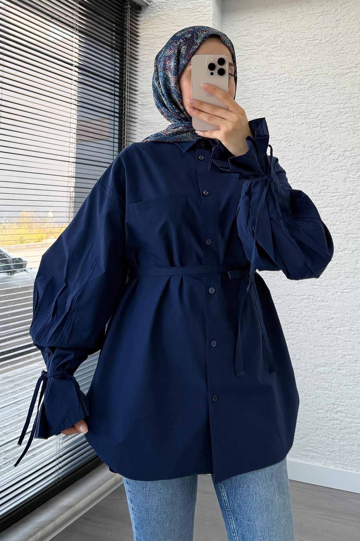 Oversize Kesim Bilek Detaylı Poplin Tunik - Lacivert