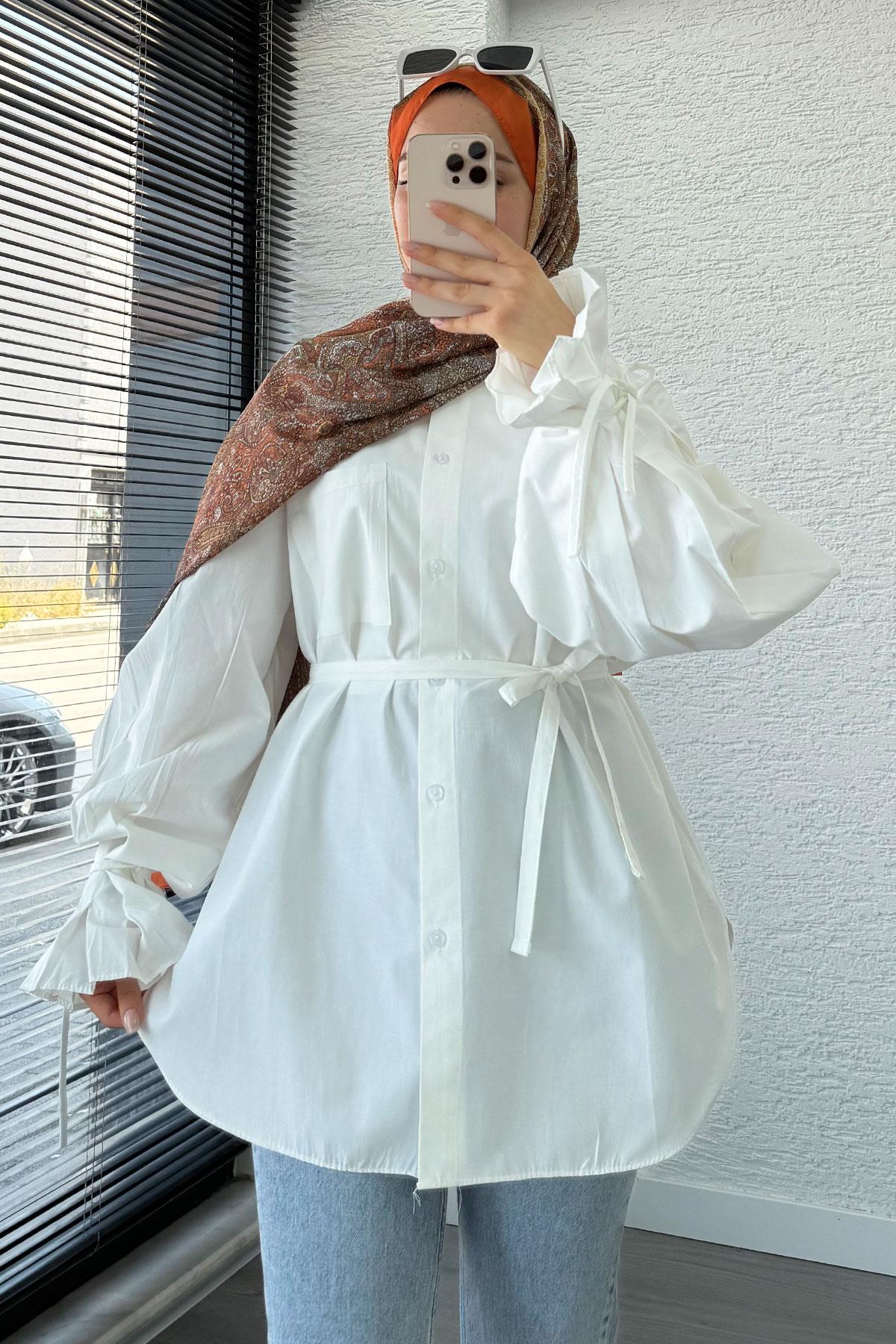 Oversize Kesim Bilek Detaylı Poplin Tunik - Yağ Yeşili