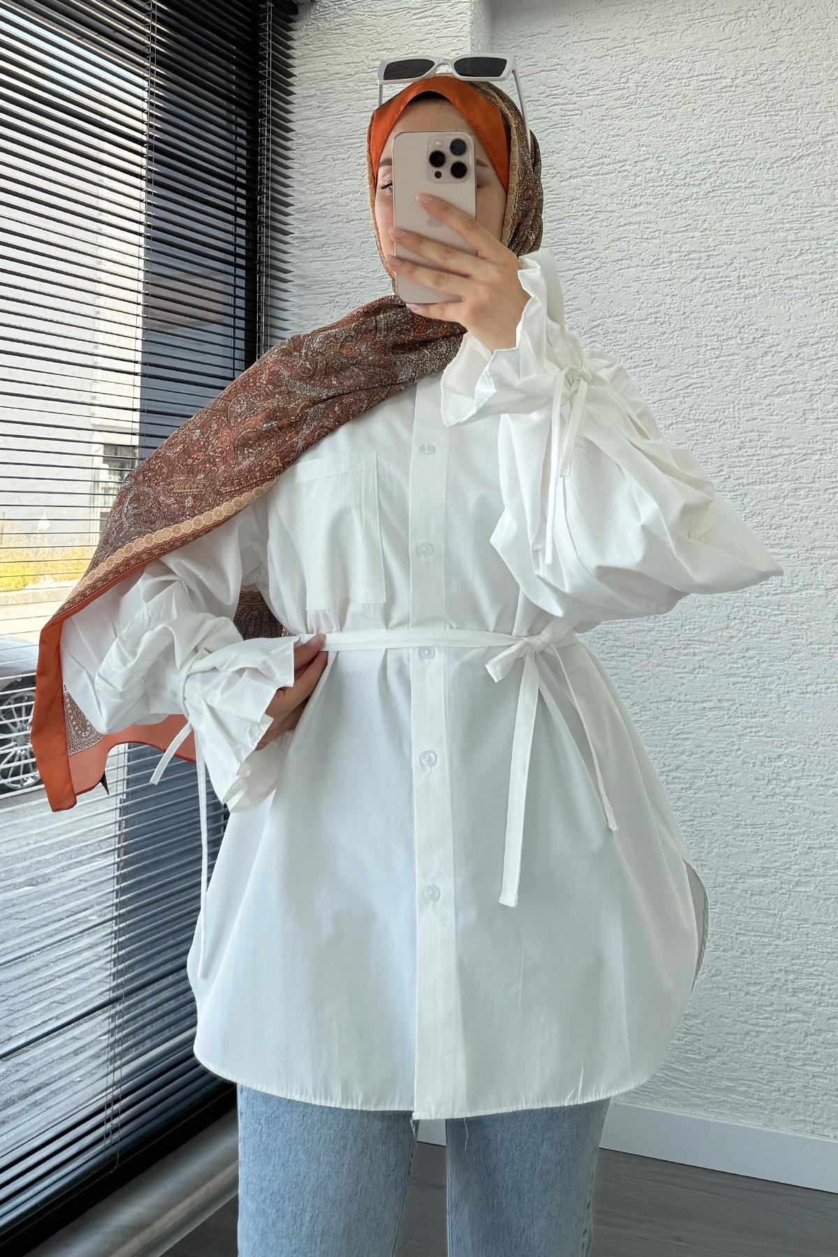 Oversize Kesim Bilek Detaylı Poplin Tunik - Yağ Yeşili