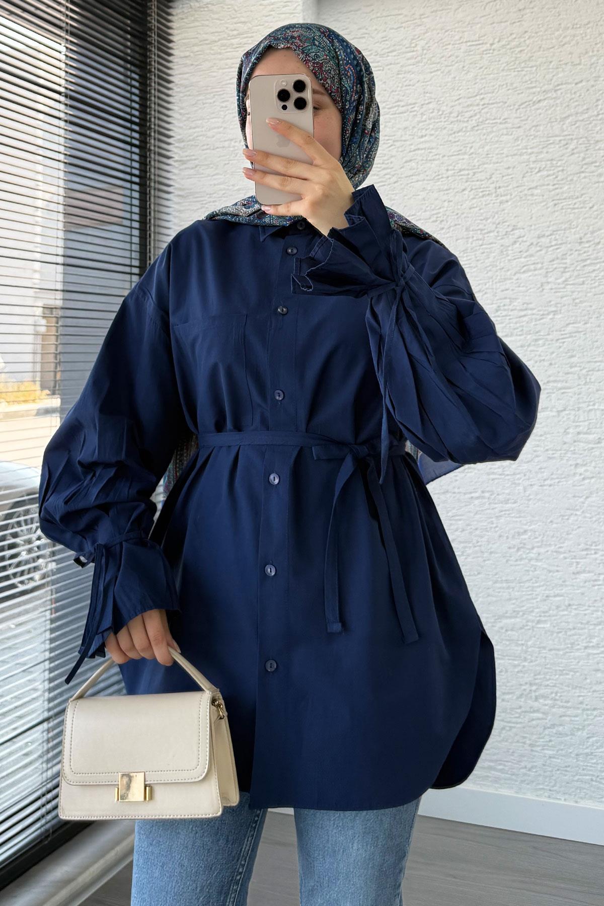 Oversize Kesim Bilek Detaylı Poplin Tunik - Lacivert