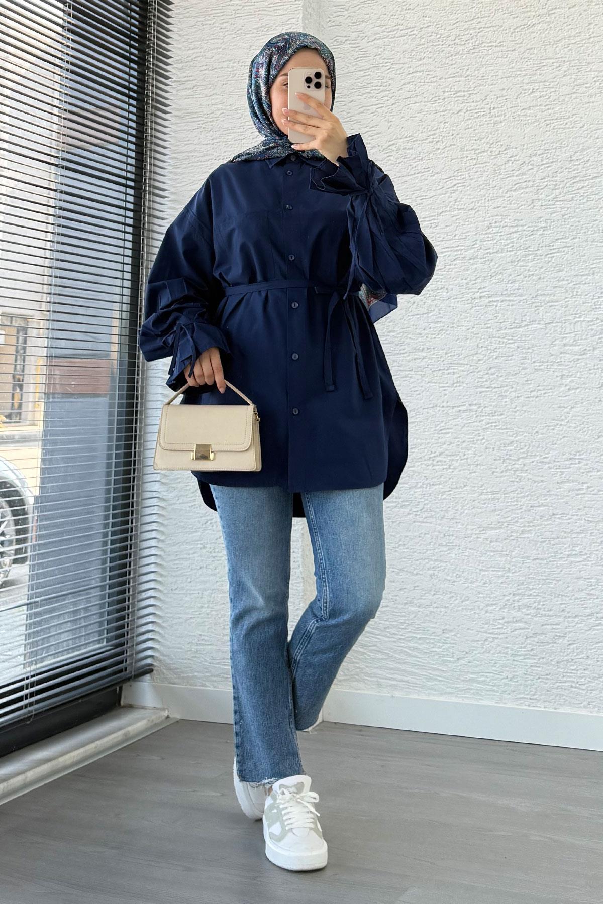 Oversize Kesim Bilek Detaylı Poplin Tunik - Lacivert