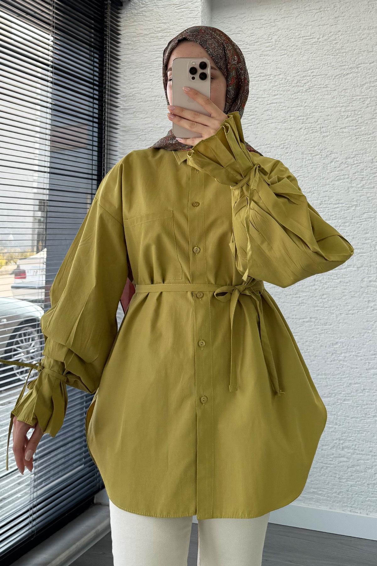 Oversize Kesim Bilek Detaylı Poplin Tunik - Yağ Yeşili