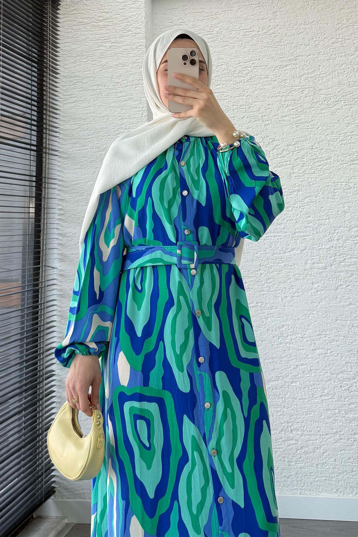 Pastel Desen Kemerli Viskon Elbise-Mavi