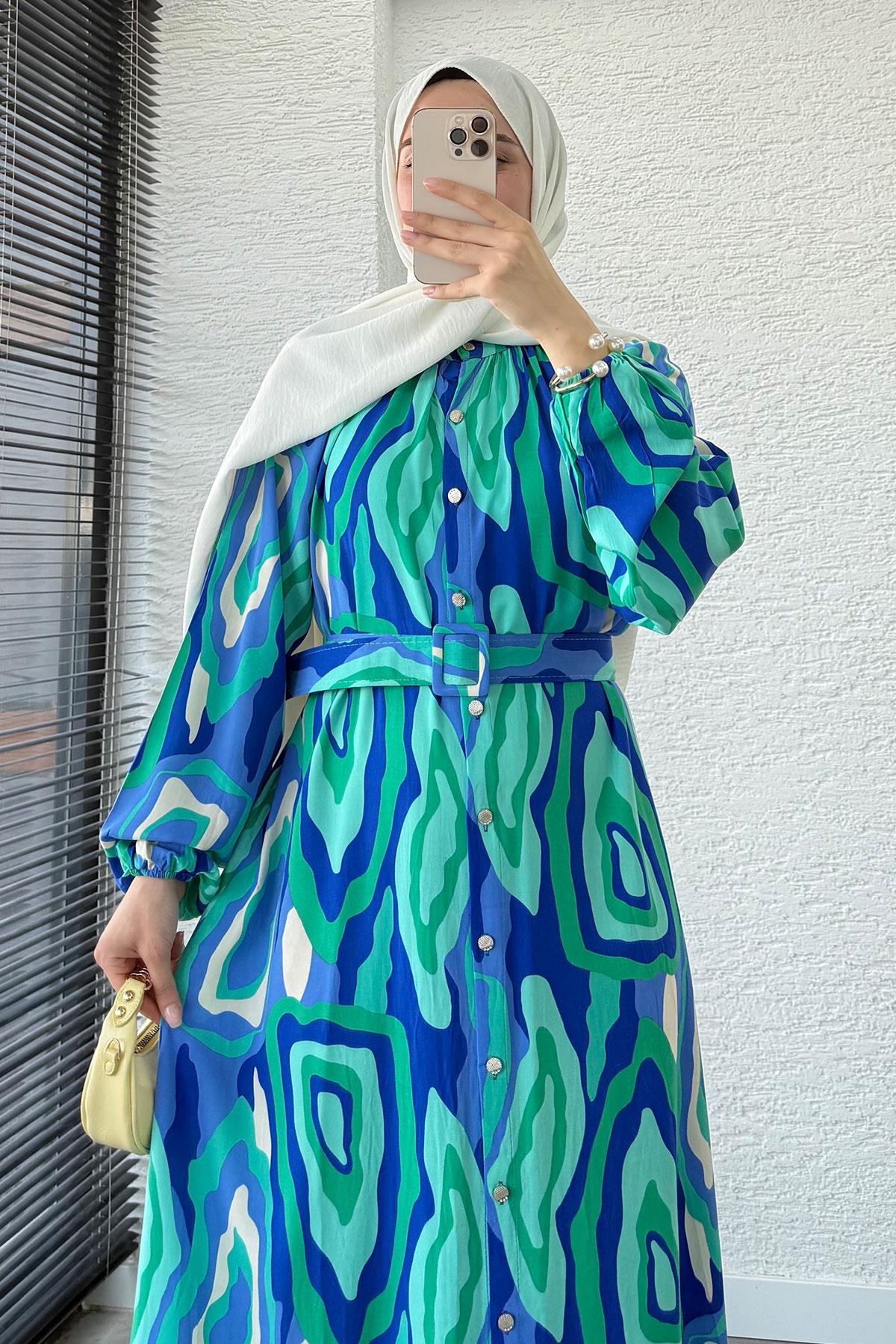 Pastel Desen Kemerli Viskon Elbise-Mavi