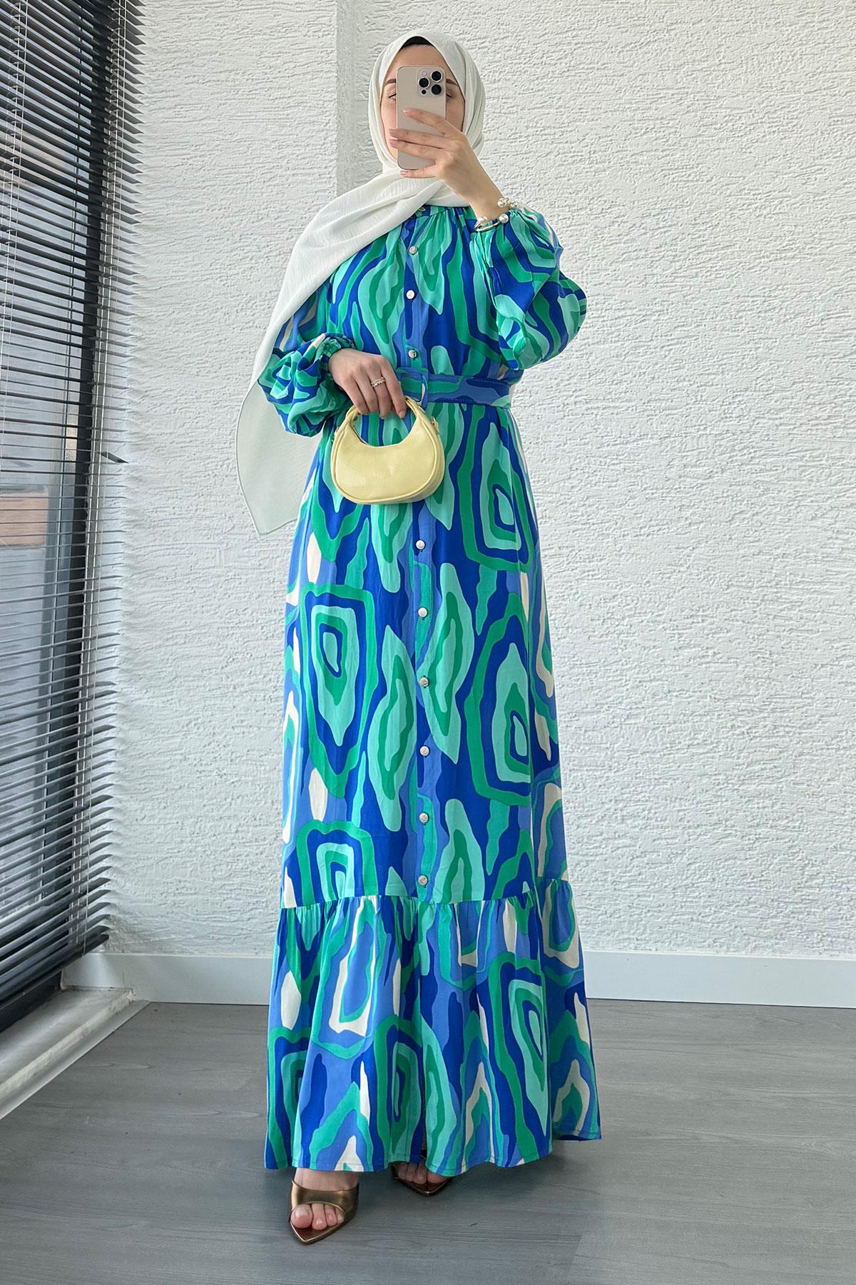 Pastel Desen Kemerli Viskon Elbise-Mavi