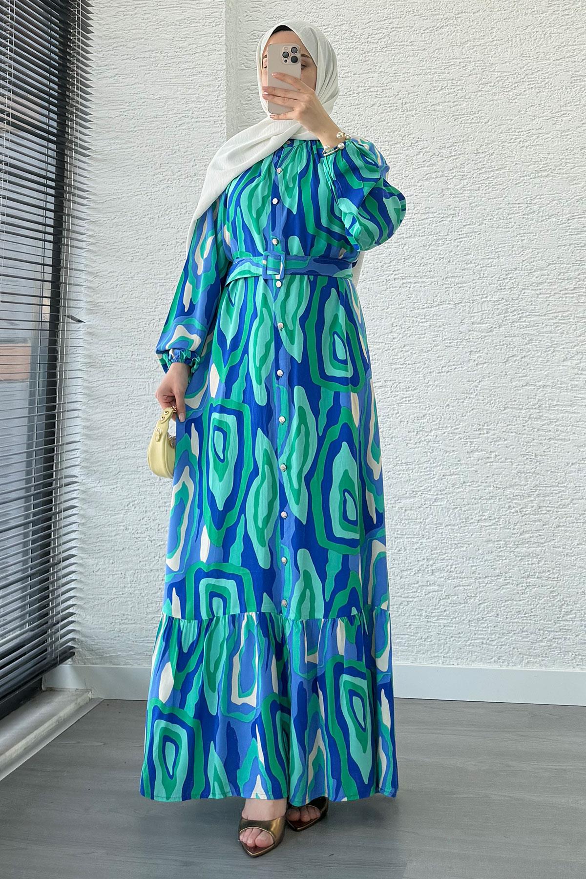 Pastel Desen Kemerli Viskon Elbise-Mavi