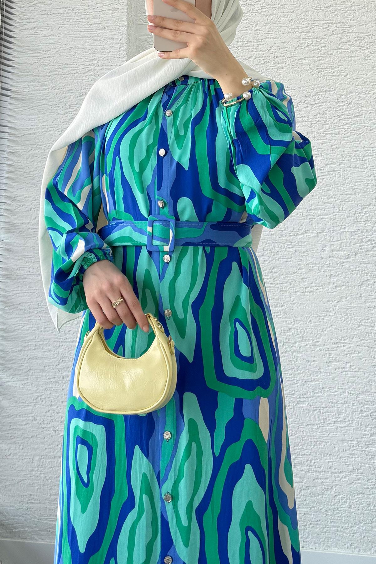 Pastel Desen Kemerli Viskon Elbise-Mavi