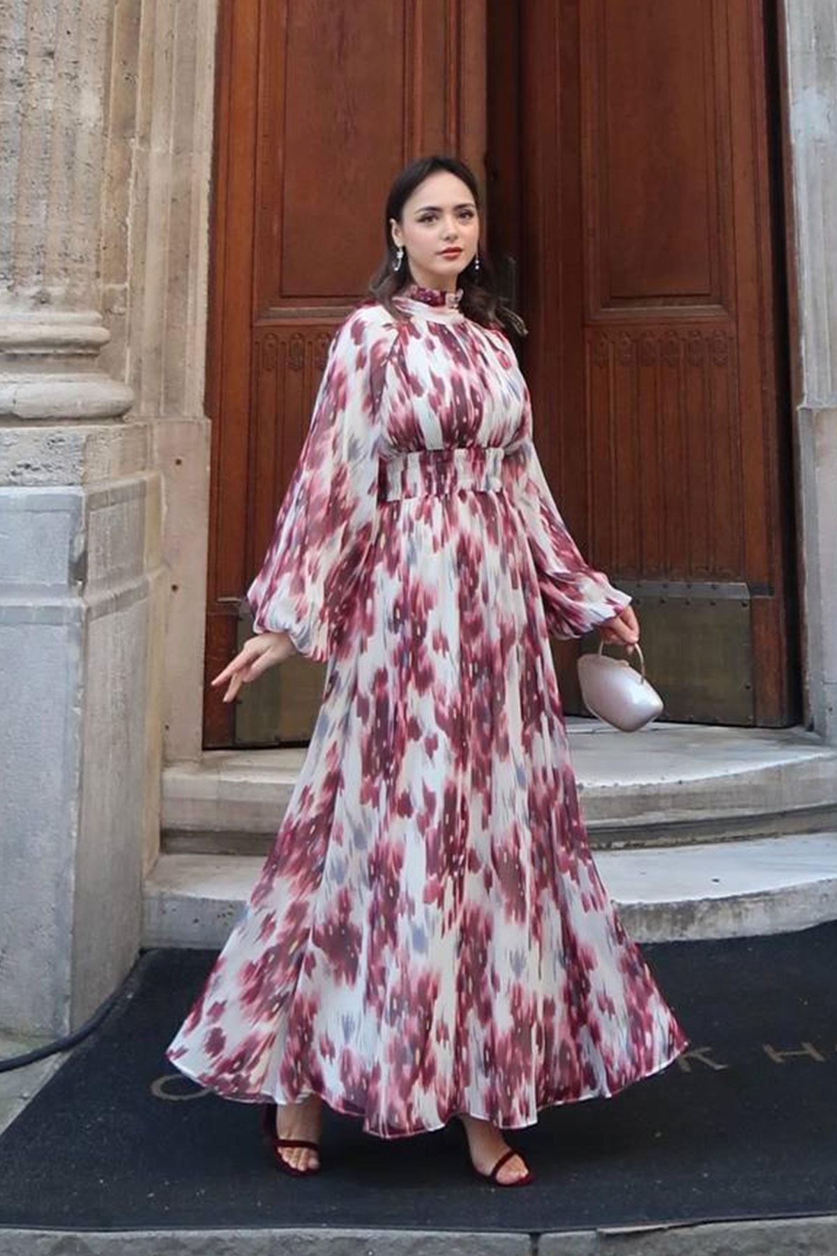 Pastel Desen Şifon Elbise-Bordo