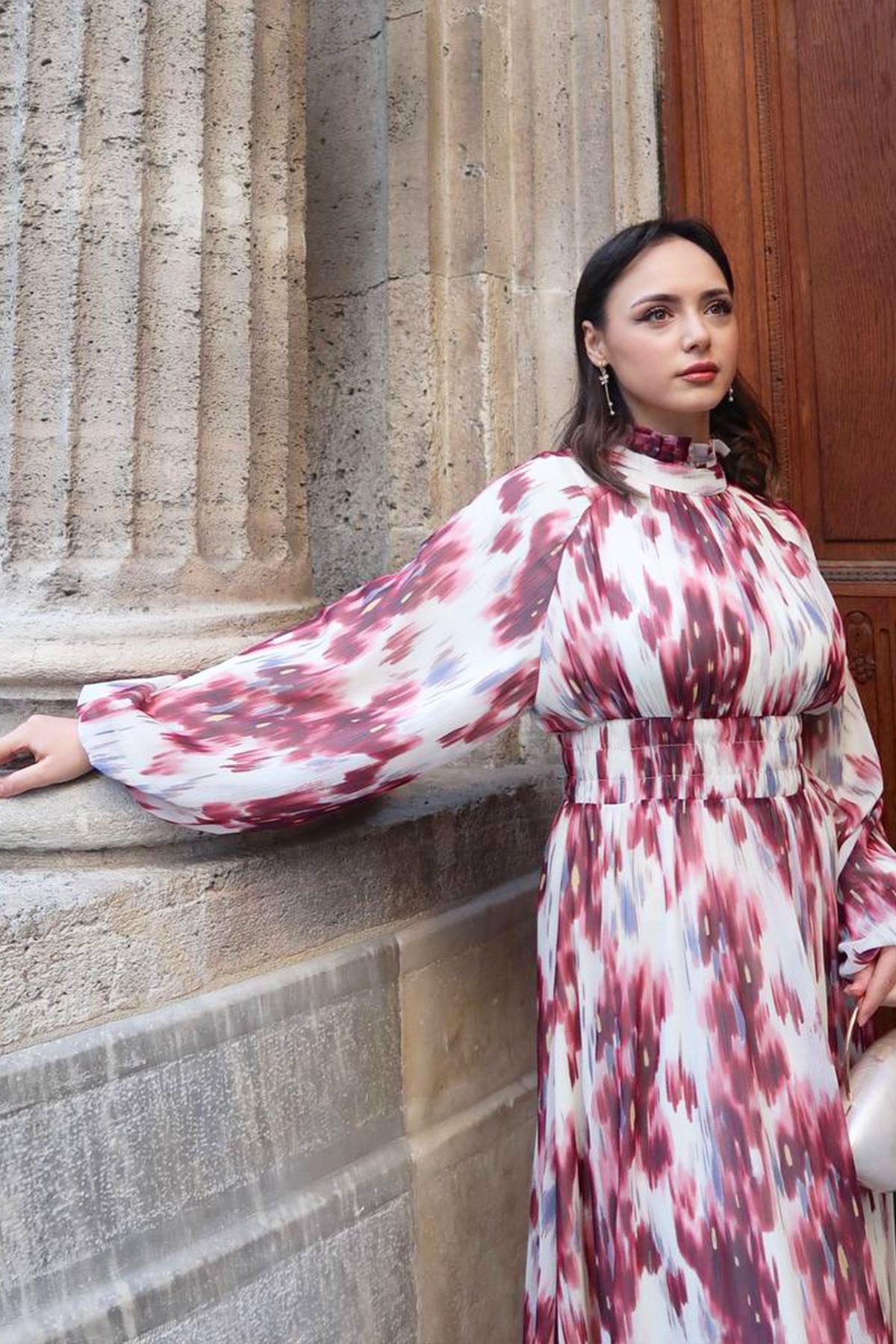 Pastel Desen Şifon Elbise-Bordo