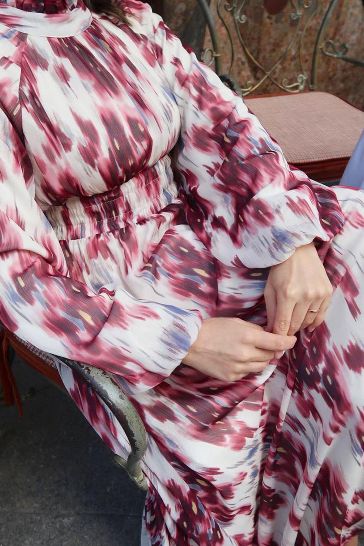 Pastel Desen Şifon Elbise-Bordo