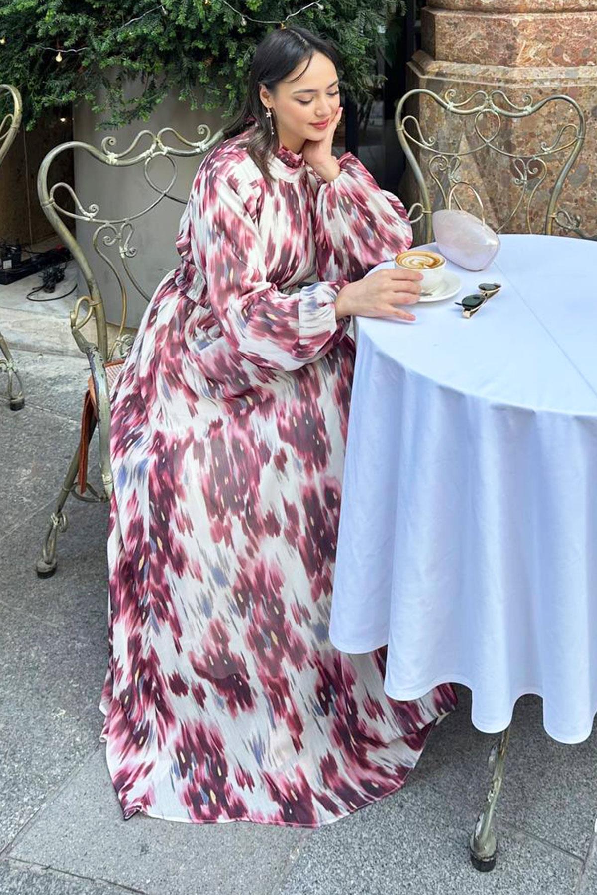 Pastel Desen Şifon Elbise-Bordo