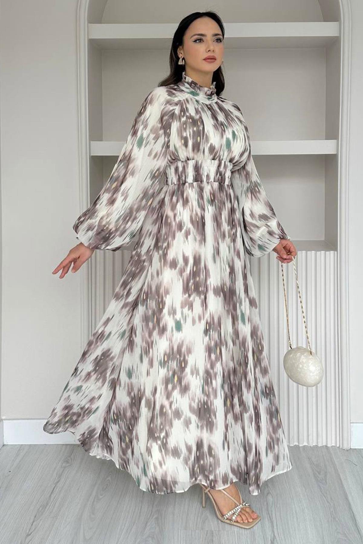 Pastel Desen Şifon Elbise-Kahverengi