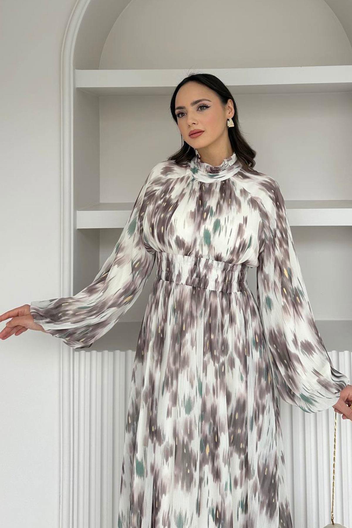 Pastel Desen Şifon Elbise-Kahverengi