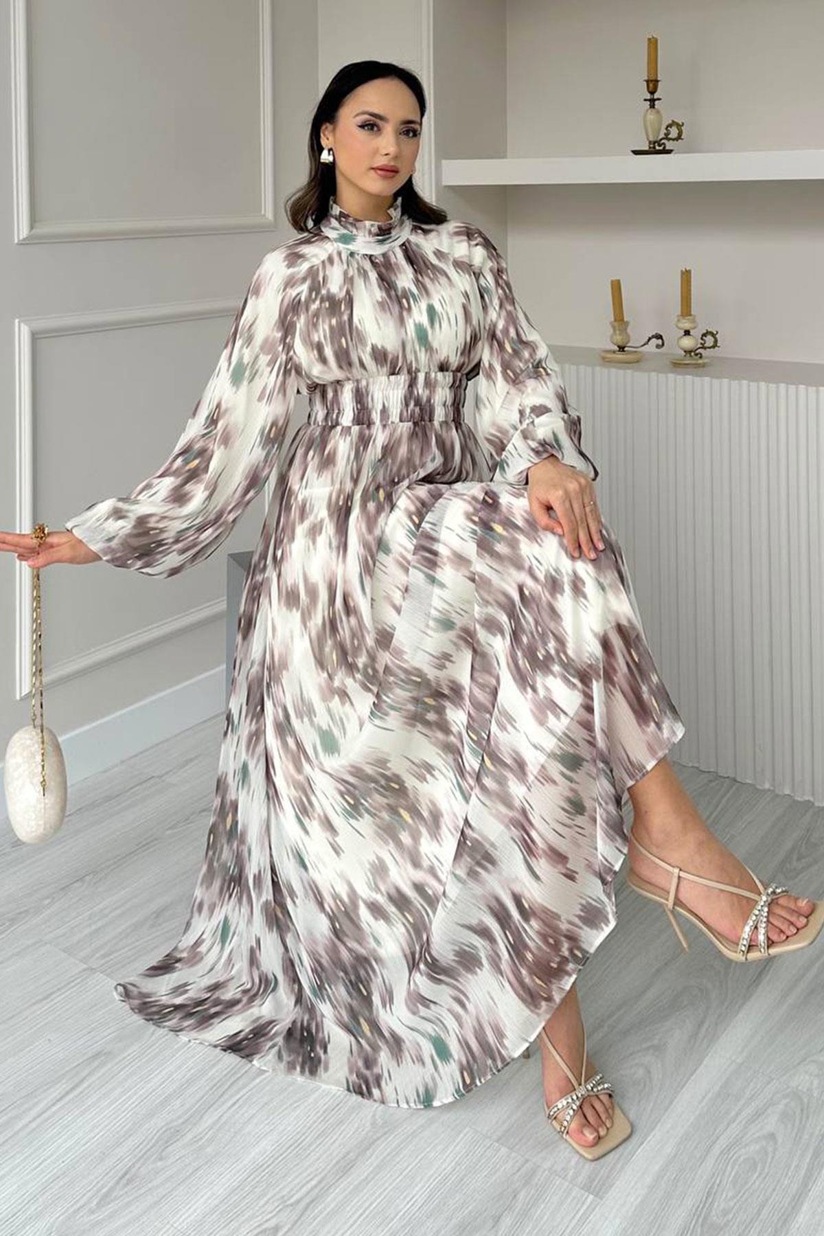 Pastel Desen Şifon Elbise-Kahverengi