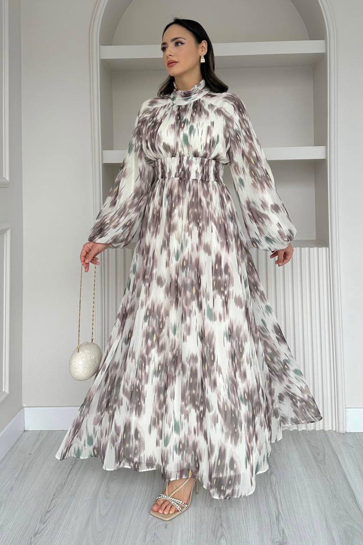 Pastel Desen Şifon Elbise-Kahverengi