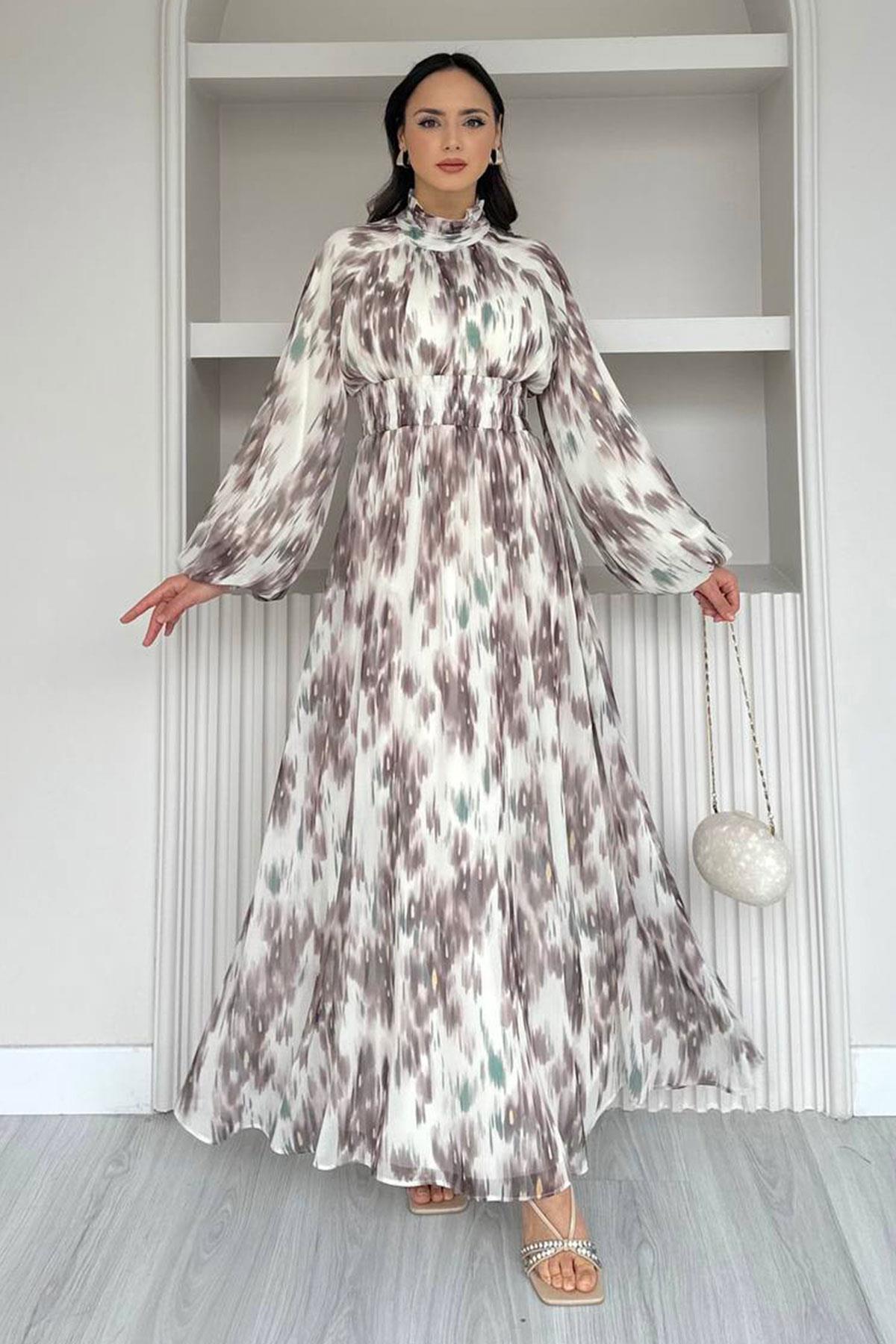 Pastel Desen Şifon Elbise-Kahverengi