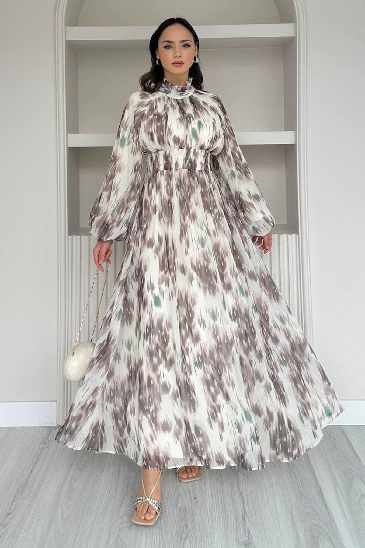 Pastel Desen Şifon Elbise-Kahverengi