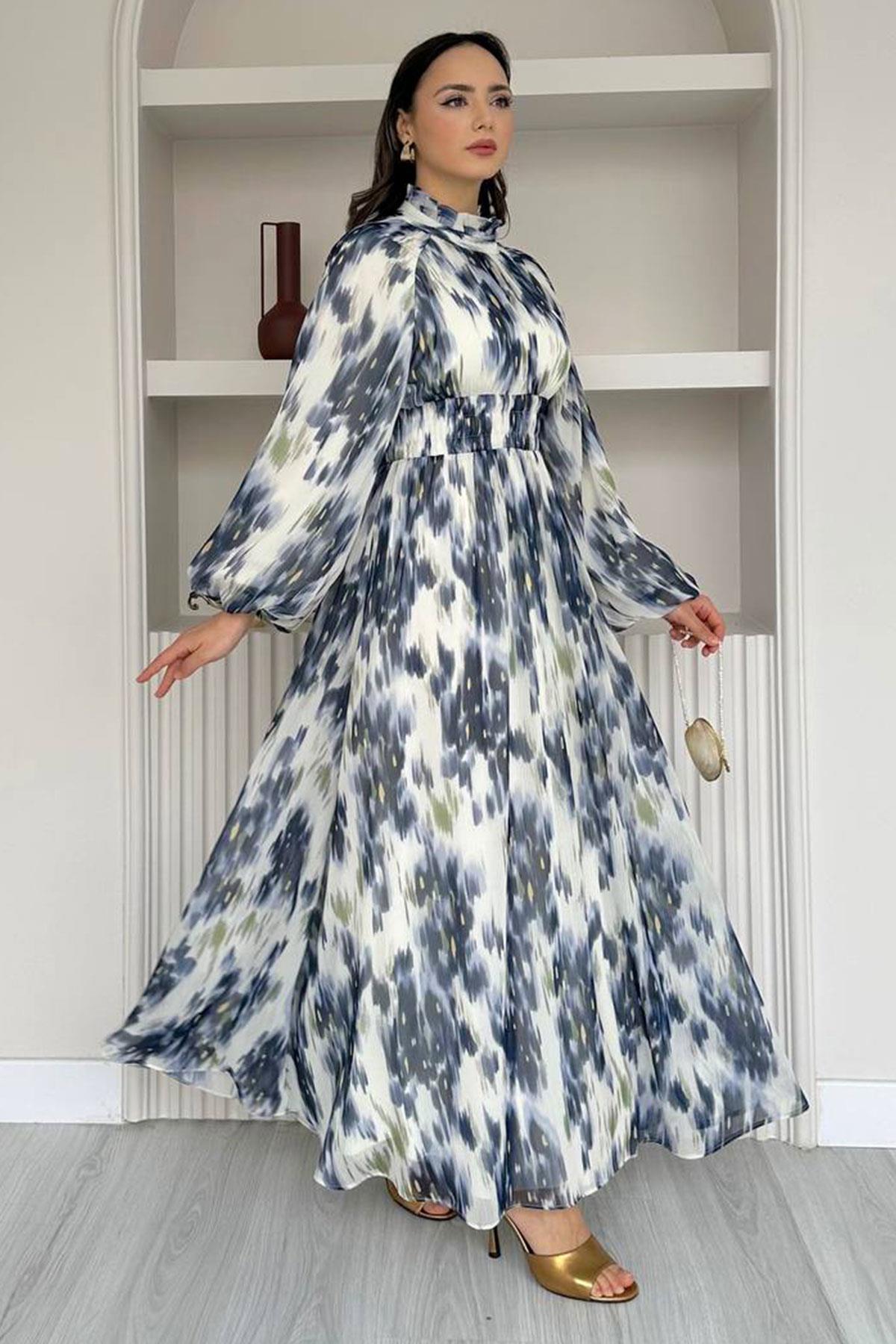 Pastel Desen Şifon Elbise-Lacivert