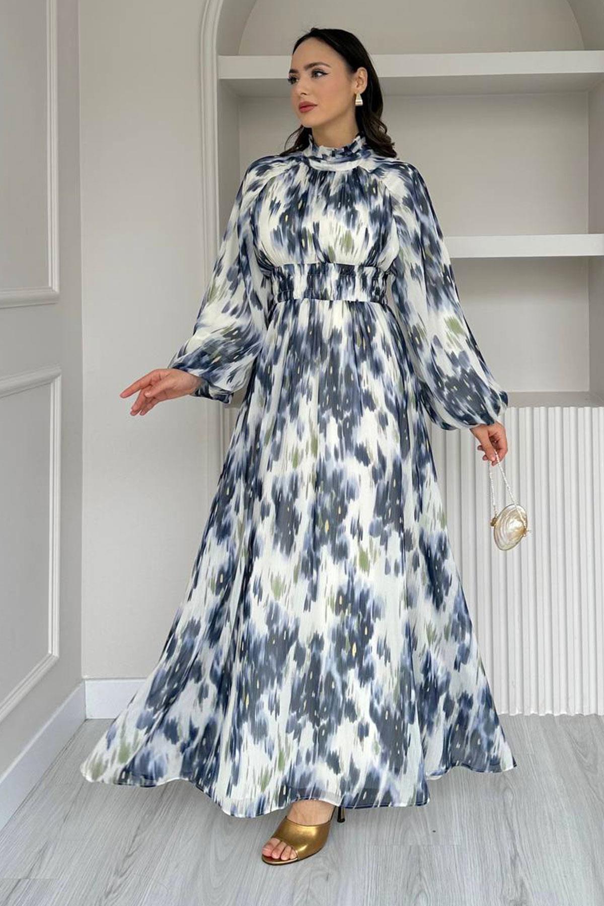 Pastel Desen Şifon Elbise-Lacivert