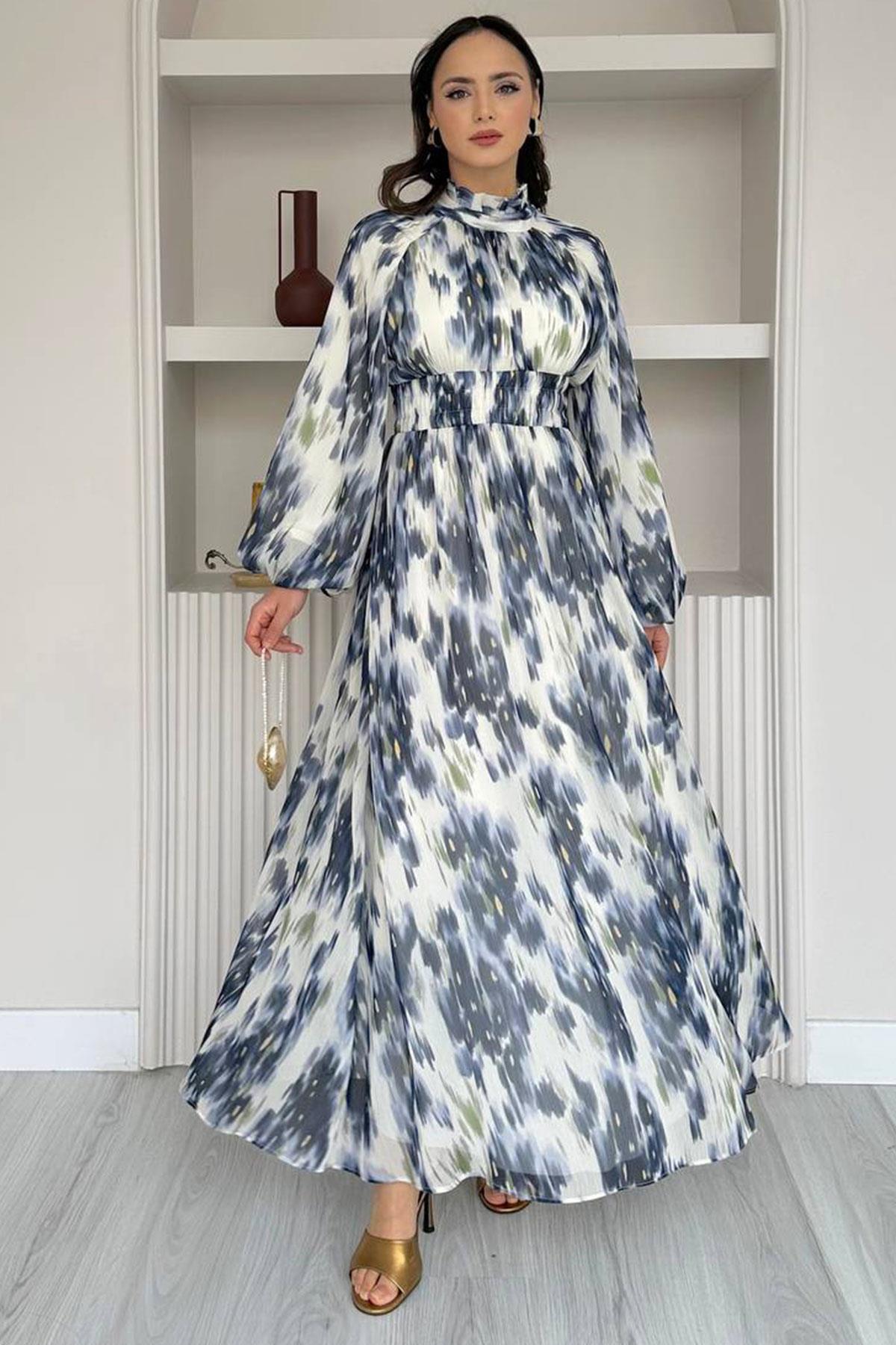 Pastel Desen Şifon Elbise-Lacivert