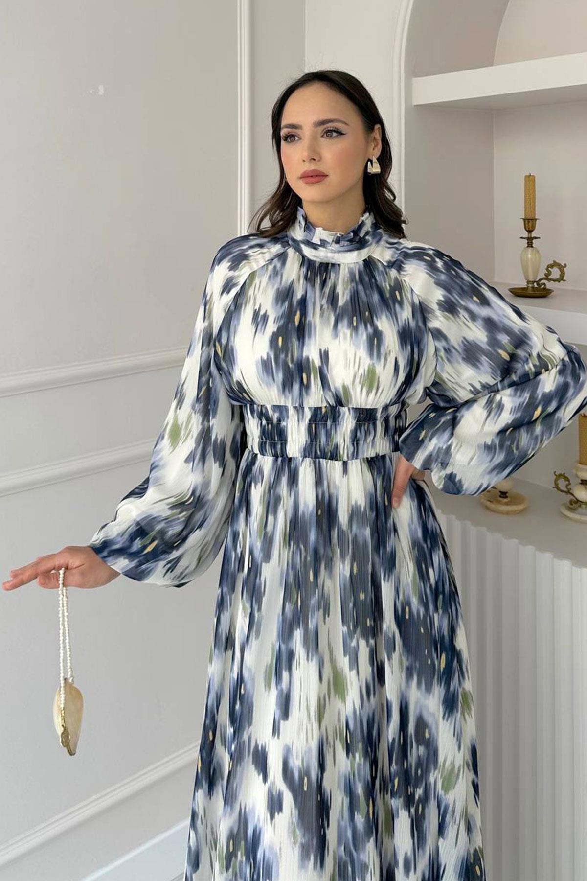 Pastel Desen Şifon Elbise-Lacivert