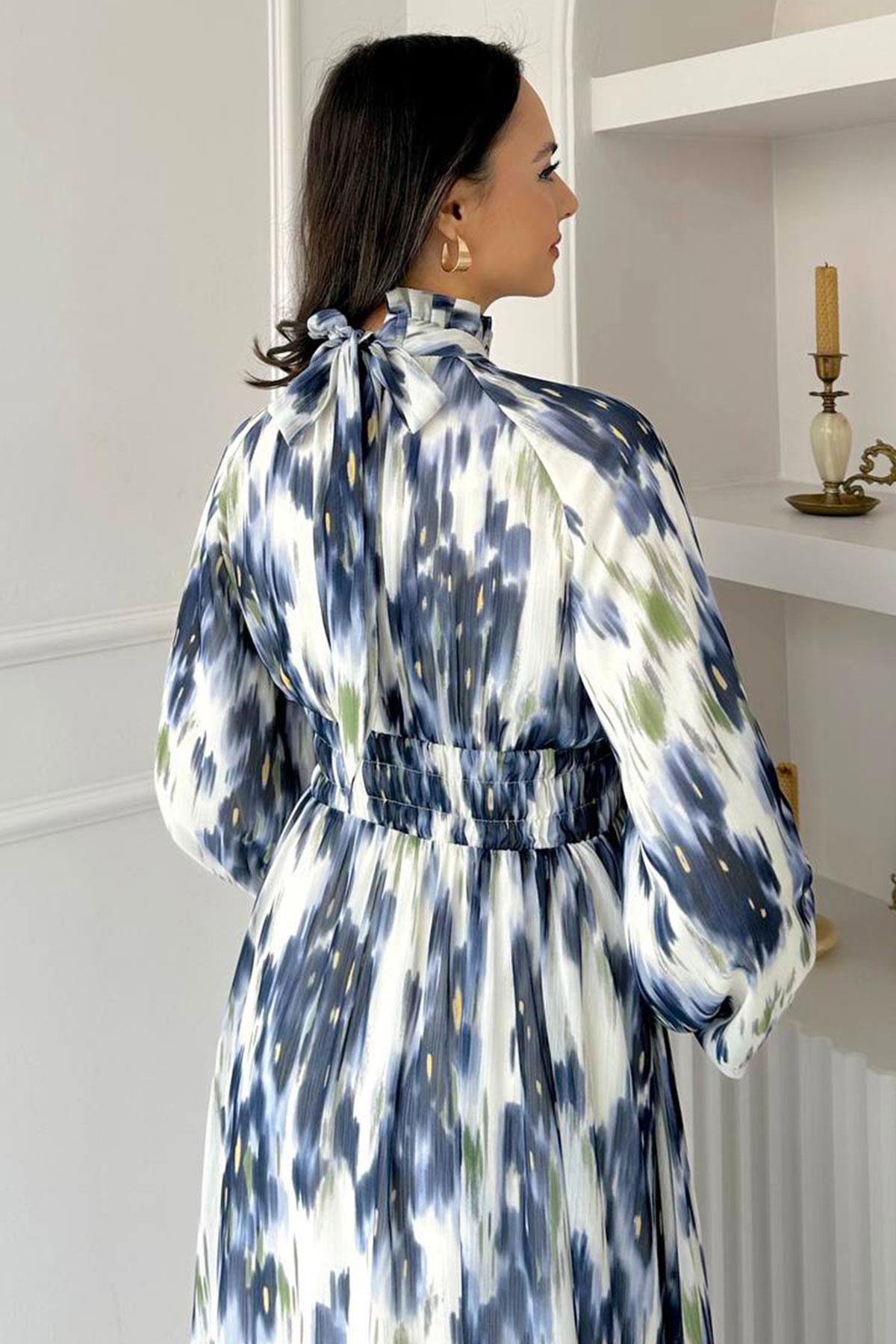 Pastel Desen Şifon Elbise-Lacivert