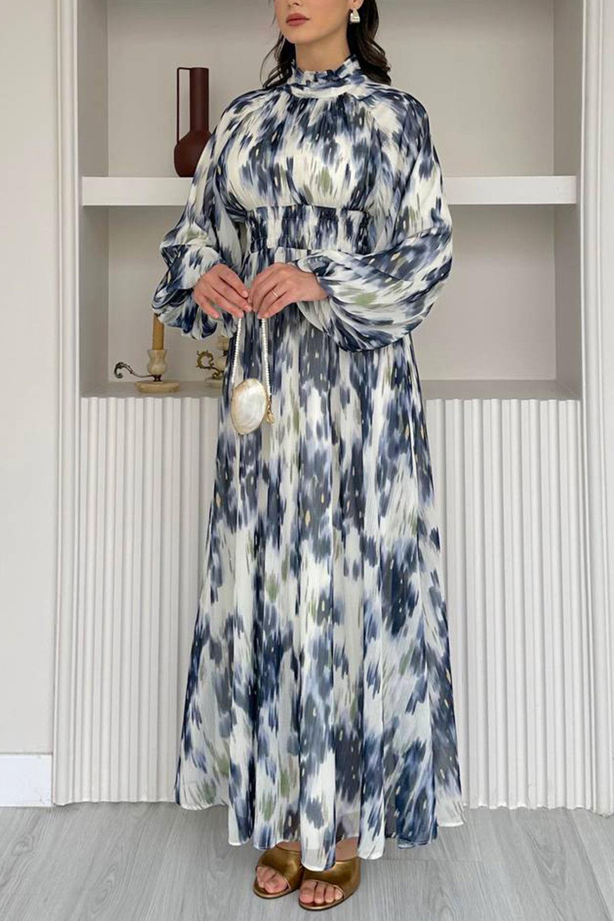 Pastel Desen Şifon Elbise-Lacivert